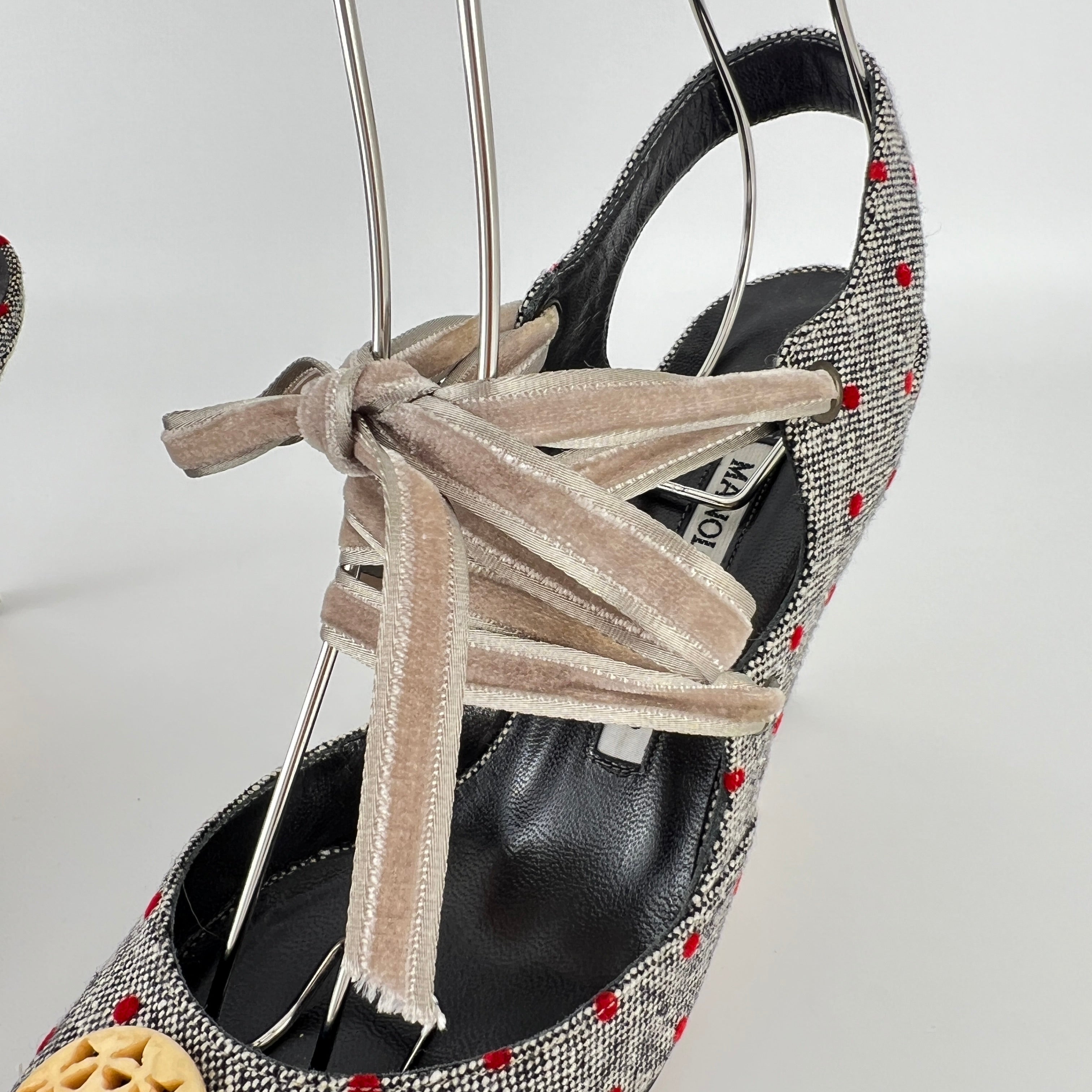 Manolo Blahnik | Gray Tweed Red Polka Dot Velvet Lace Up Slingback (36.5)