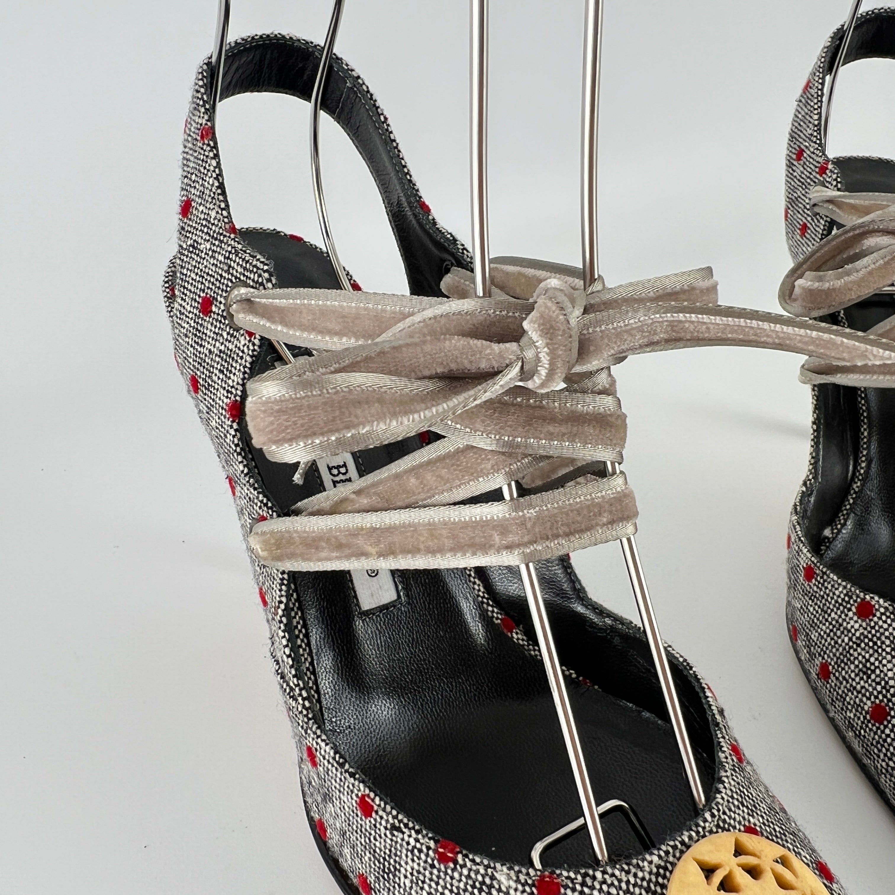 Manolo Blahnik | Gray Tweed Red Polka Dot Velvet Lace Up Slingback (36.5)