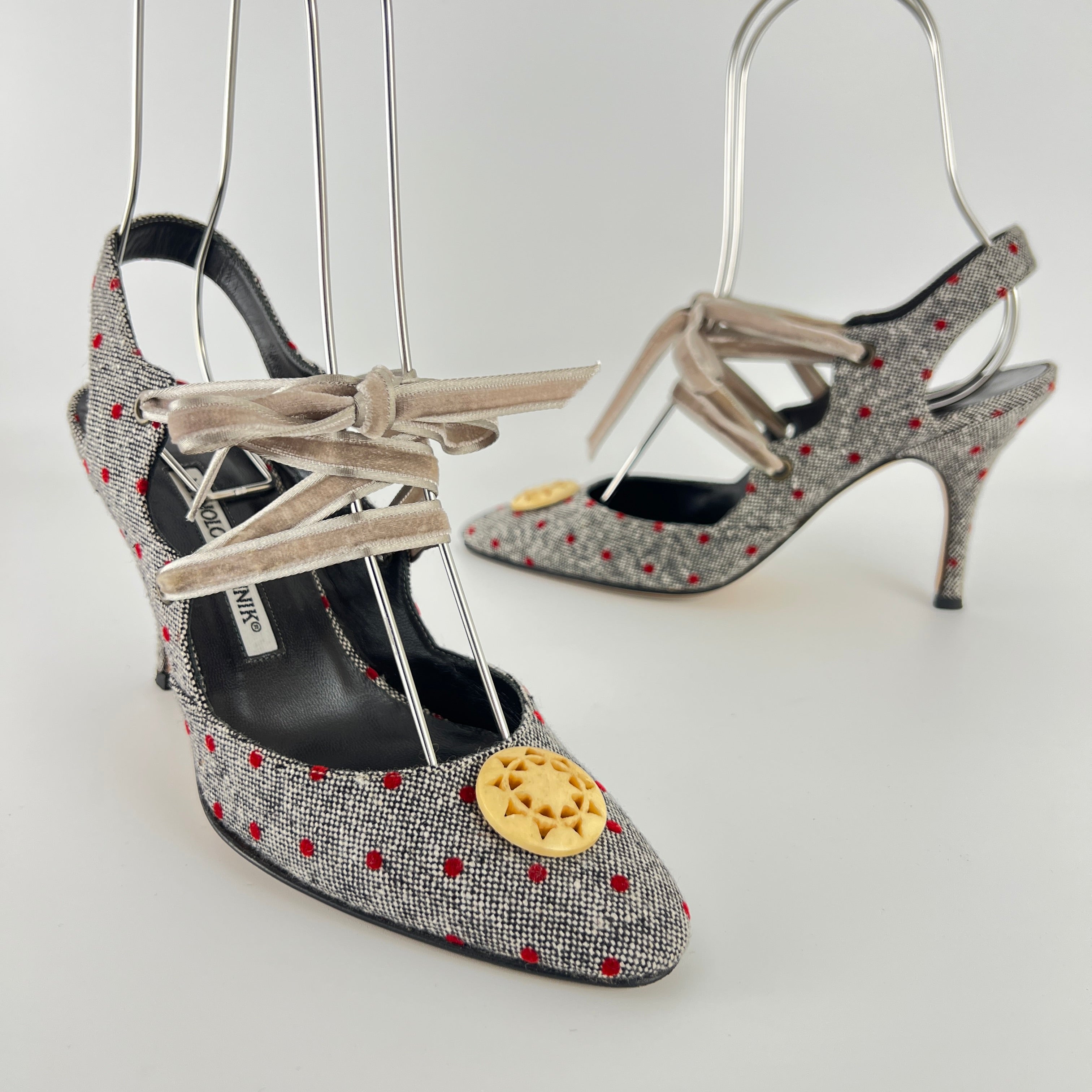 Manolo Blahnik | Gray Tweed Red Polka Dot Velvet Lace Up Slingback (36.5)