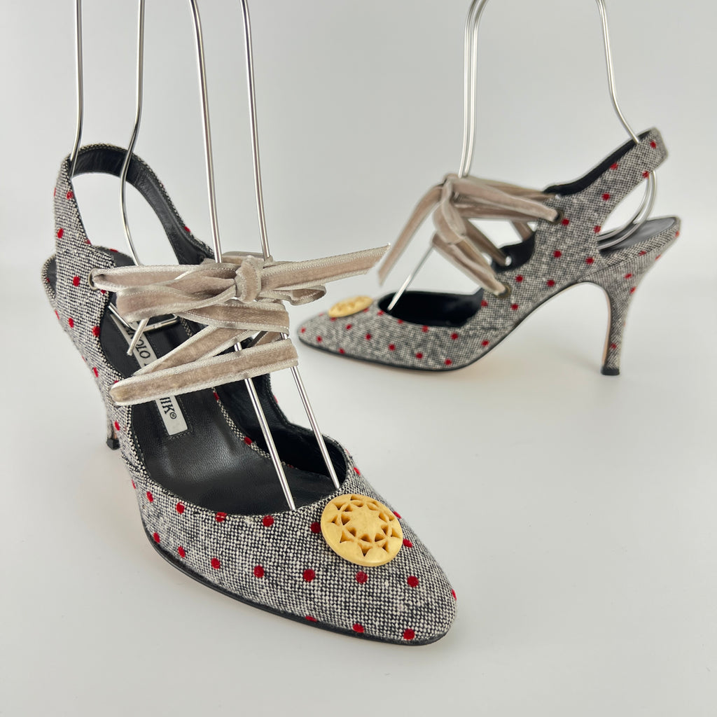Manolo Blahnik | Gray Tweed Red Polka Dot Velvet Lace Up Slingback (36.5)