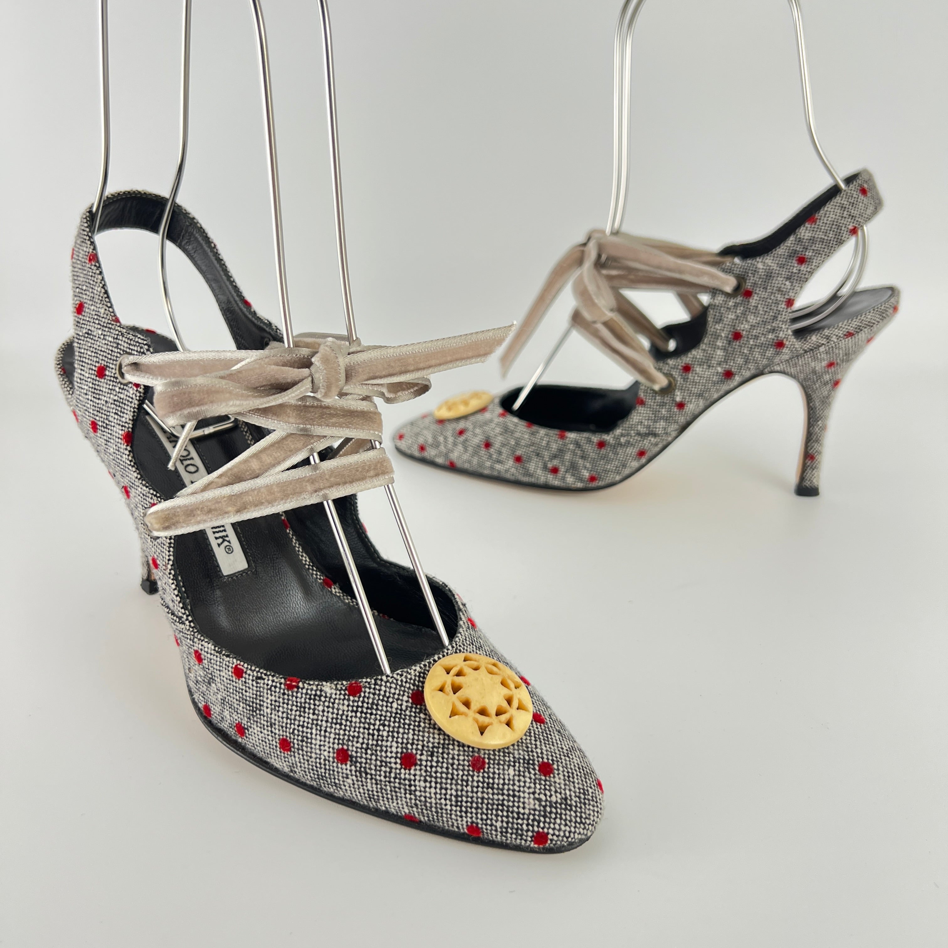 Manolo Blahnik | Gray Tweed Red Polka Dot Velvet Lace Up Slingback (36.5)