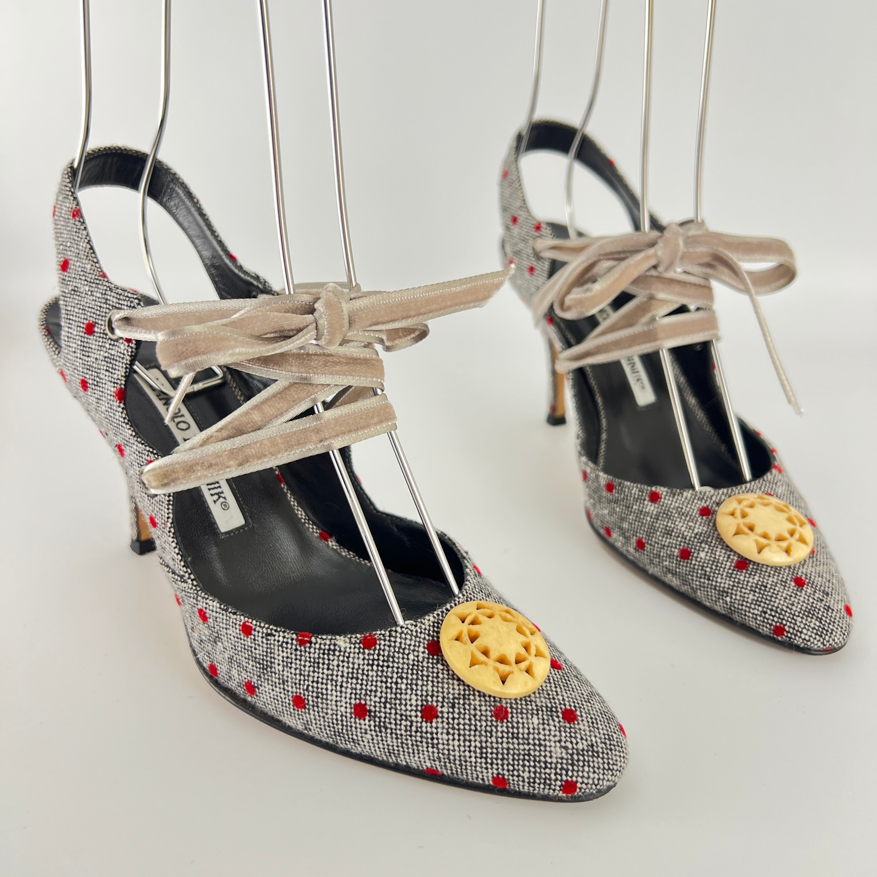 Manolo Blahnik | Gray Tweed Red Polka Dot Velvet Lace Up Slingback (36.5)