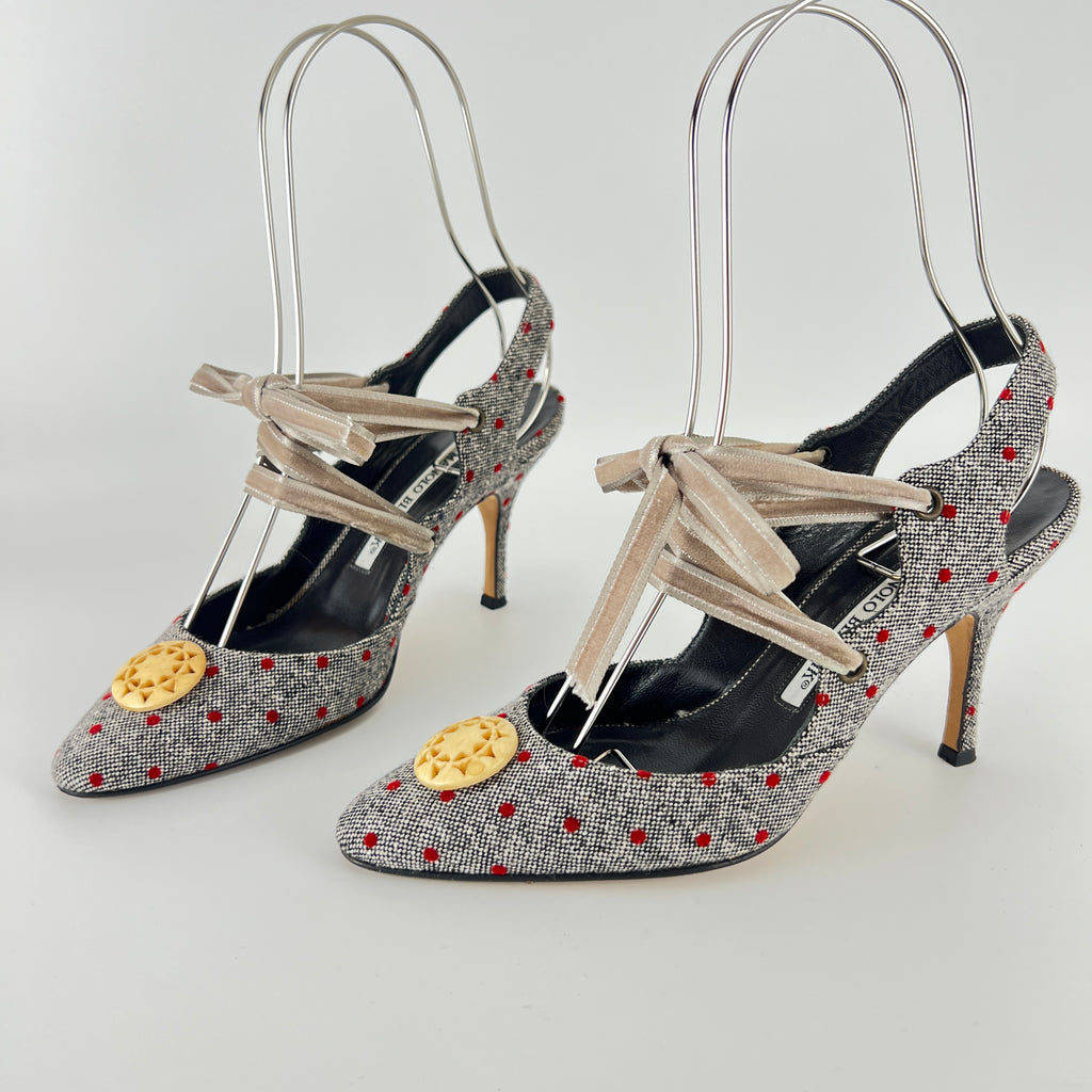 Manolo Blahnik | Gray Tweed Red Polka Dot Velvet Lace Up Slingback (36.5)