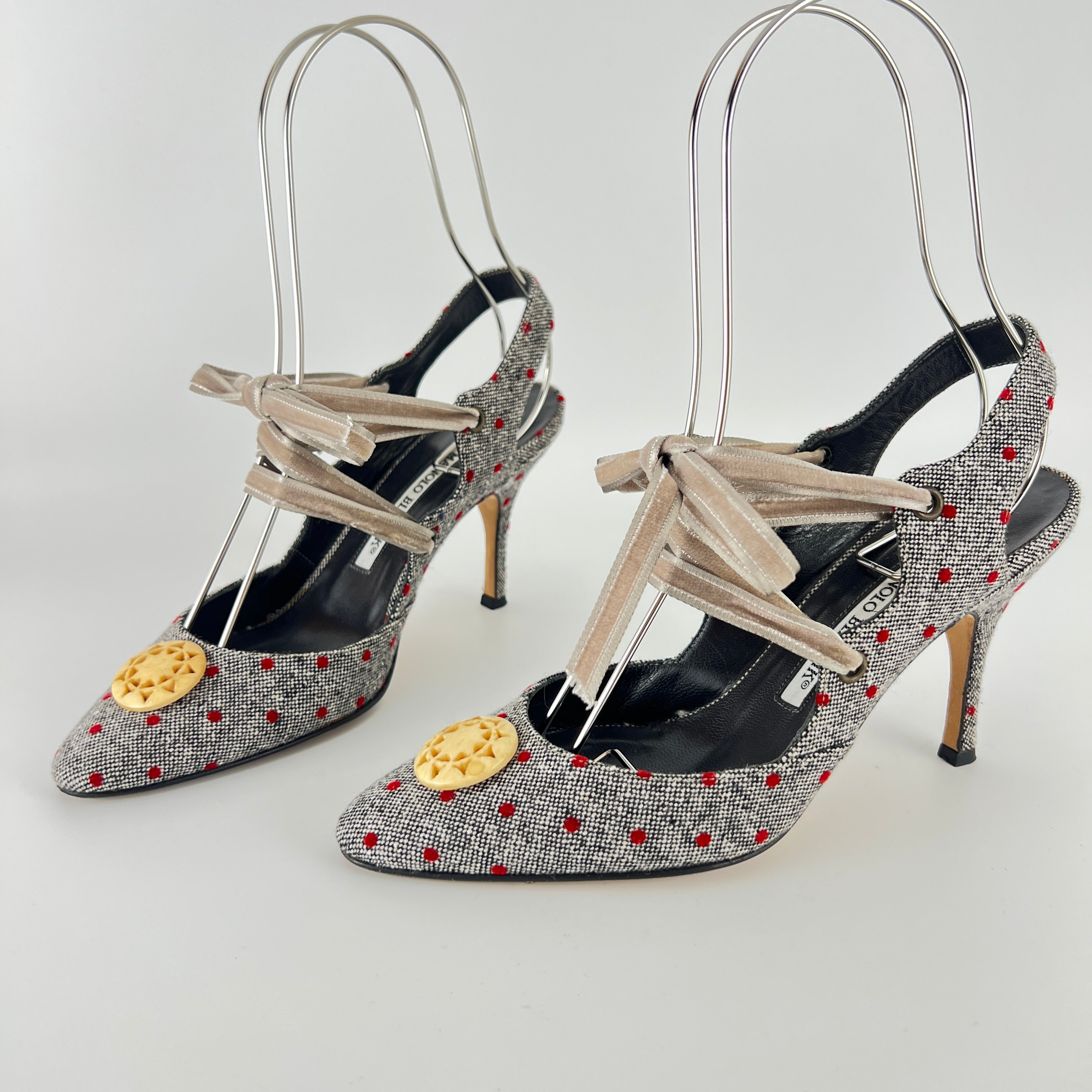 Manolo Blahnik | Gray Tweed Red Polka Dot Velvet Lace Up Slingback (36.5)