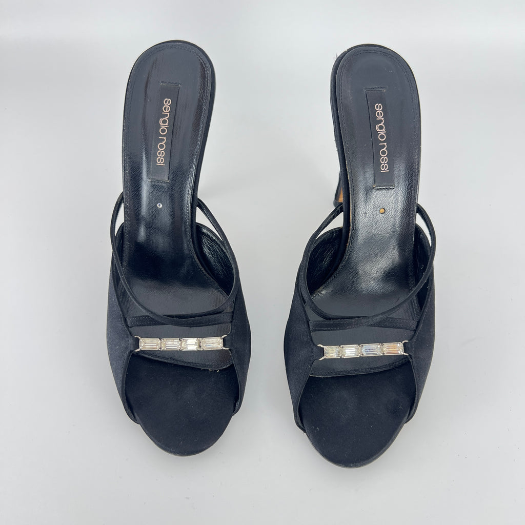 Sergio Rossi | Black Satin Rhinestone Gem Strappy Slide Sandal Mules (37)