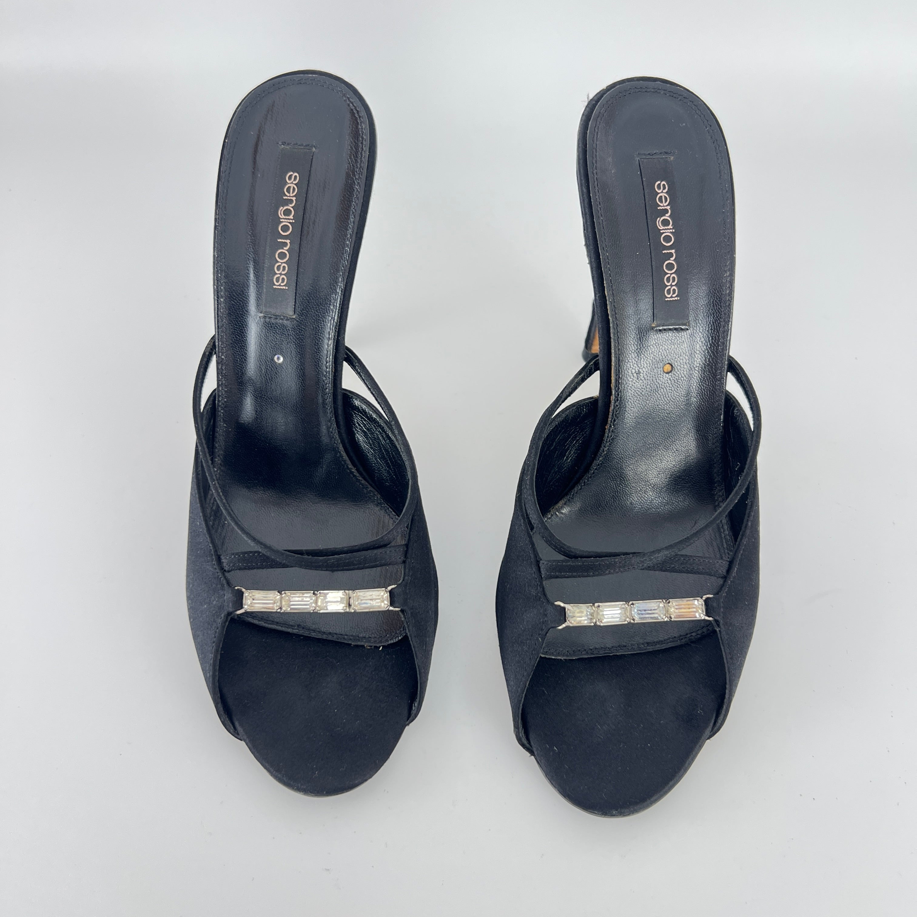Sergio Rossi | Black Satin Rhinestone Gem Strappy Slide Sandal Mules (37)