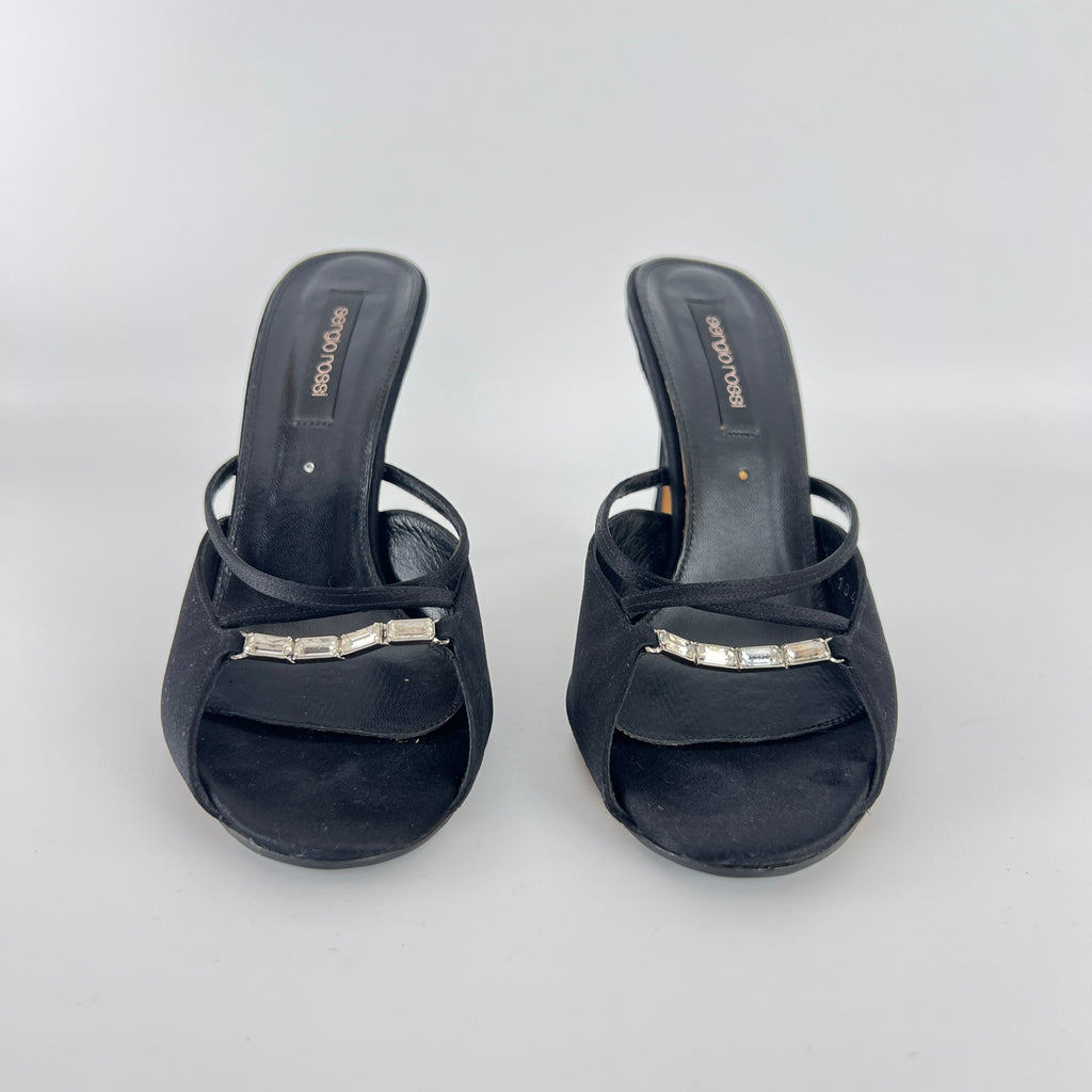 Sergio Rossi | Black Satin Rhinestone Gem Strappy Slide Sandal Mules (37)