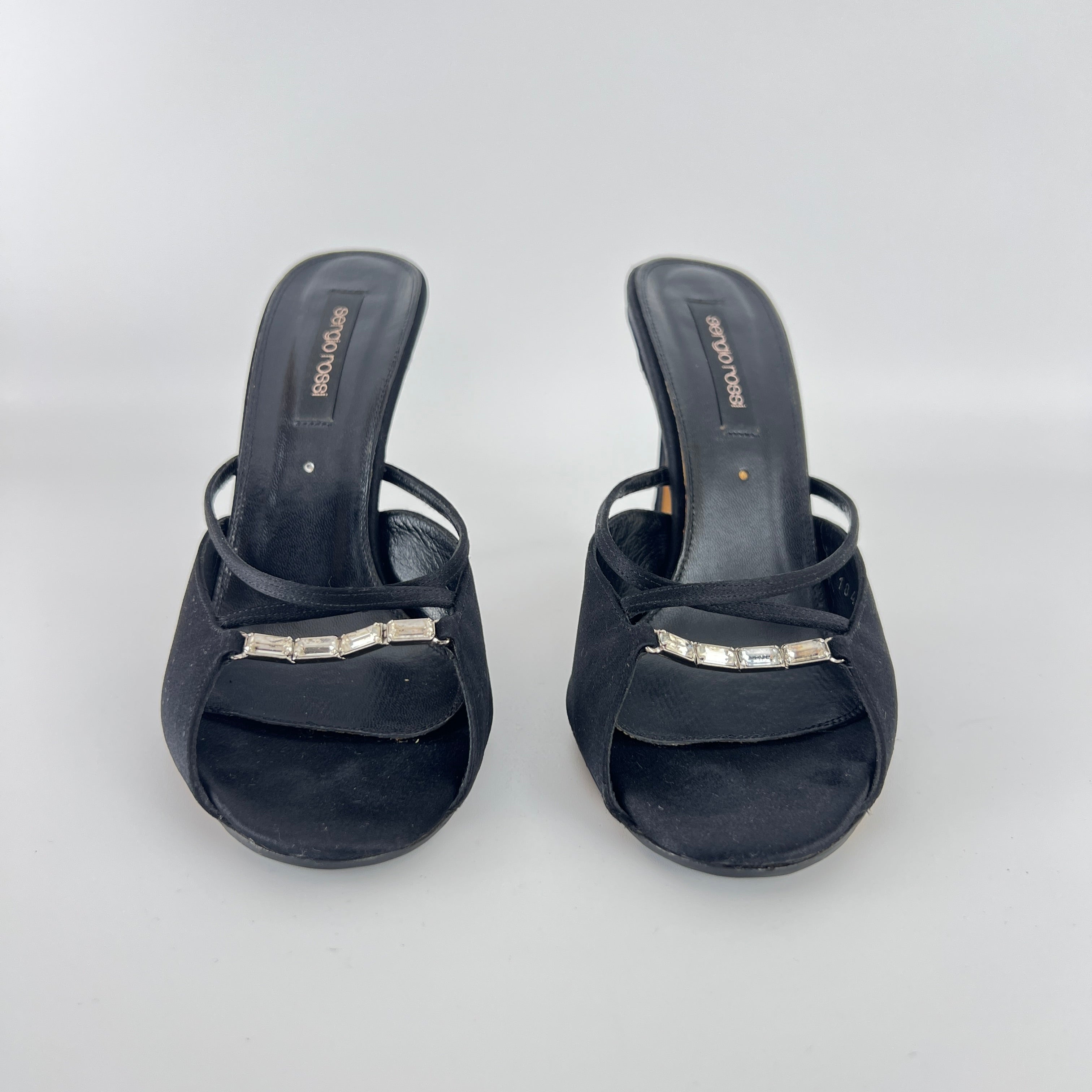 Sergio Rossi | Black Satin Rhinestone Gem Strappy Slide Sandal Mules (37)