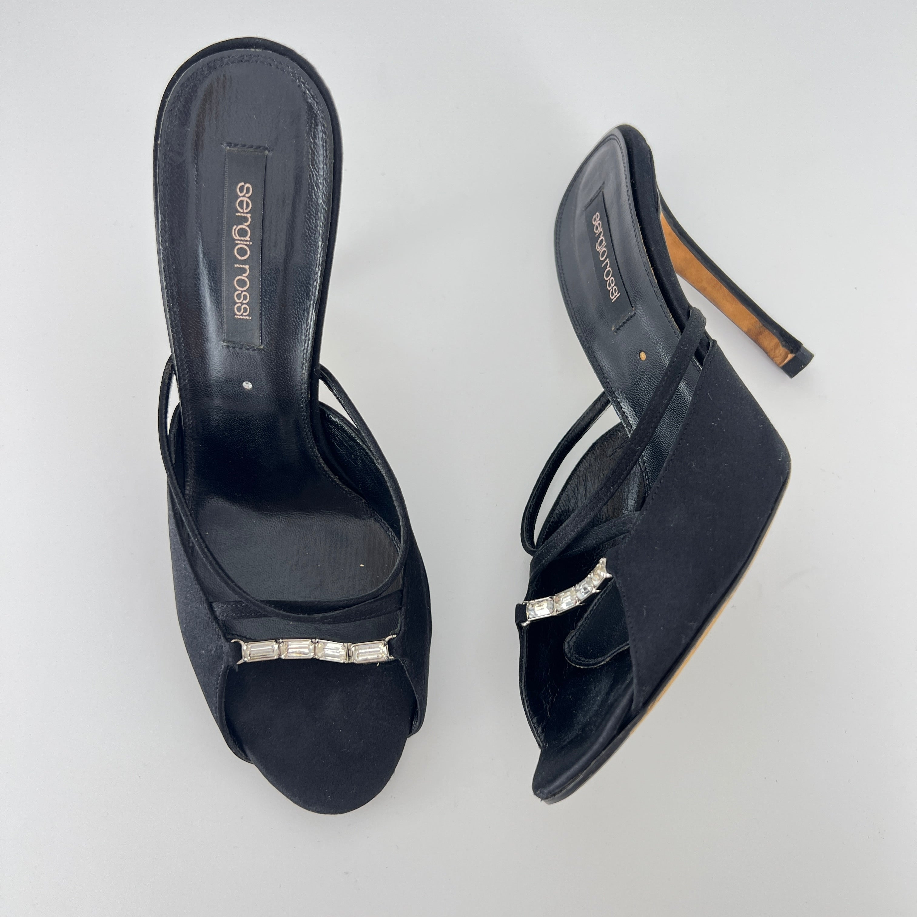 Sergio Rossi | Black Satin Rhinestone Gem Strappy Slide Sandal Mules (37)
