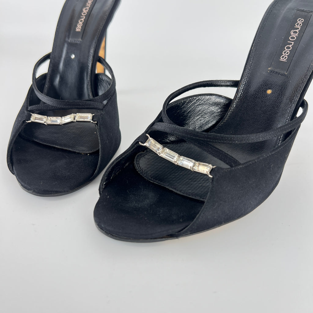 Sergio Rossi | Black Satin Rhinestone Gem Strappy Slide Sandal Mules (37)