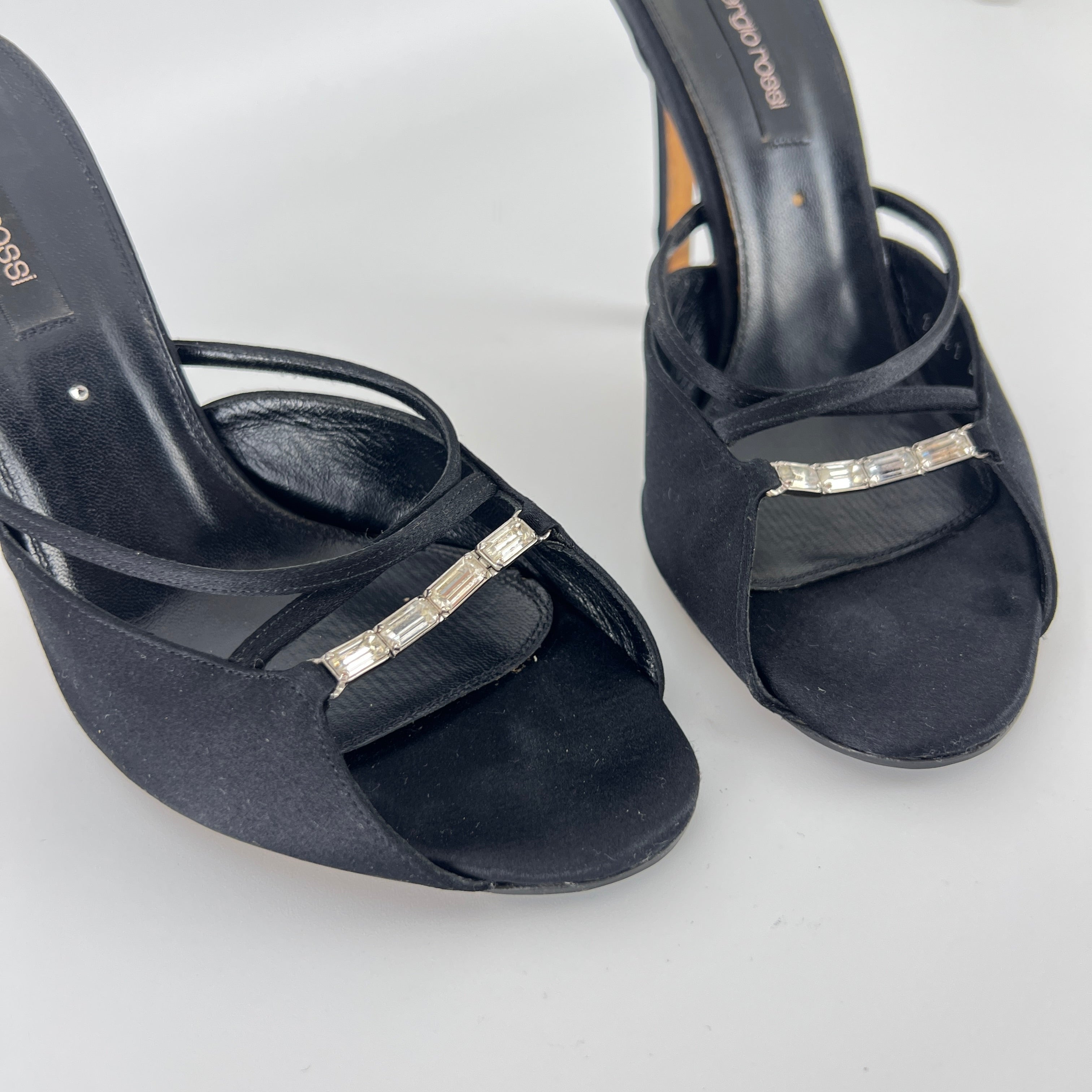 Sergio Rossi | Black Satin Rhinestone Gem Strappy Slide Sandal Mules (37)