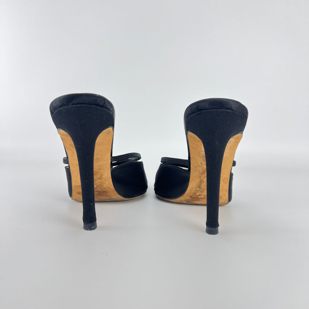 Sergio Rossi | Black Satin Rhinestone Gem Strappy Slide Sandal Mules (37)