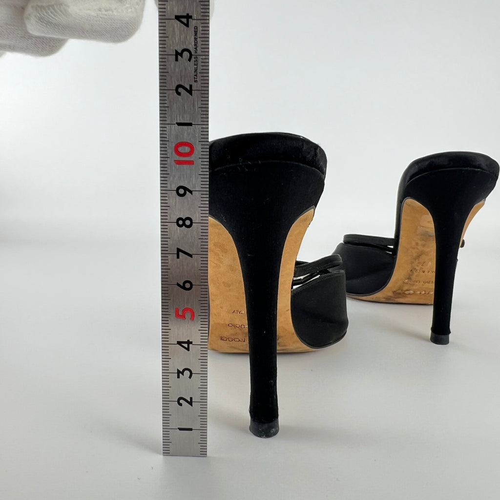 Sergio Rossi | Black Satin Rhinestone Gem Strappy Slide Sandal Mules (37)