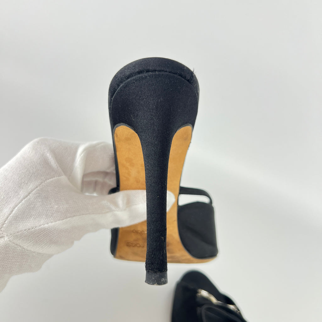 Sergio Rossi | Black Satin Rhinestone Gem Strappy Slide Sandal Mules (37)