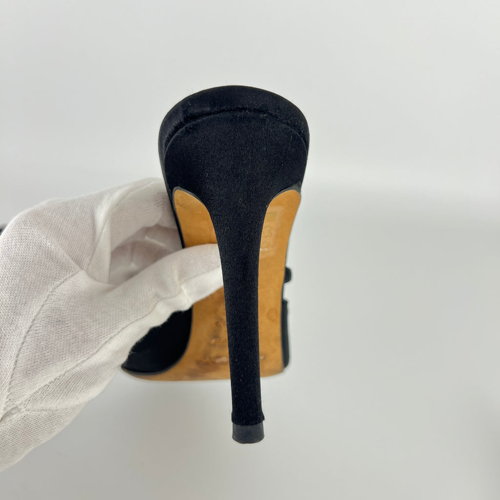 Sergio Rossi | Black Satin Rhinestone Gem Strappy Slide Sandal Mules (37)