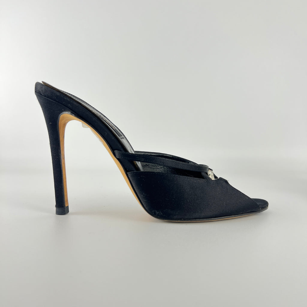 Sergio Rossi | Black Satin Rhinestone Gem Strappy Slide Sandal Mules (37)