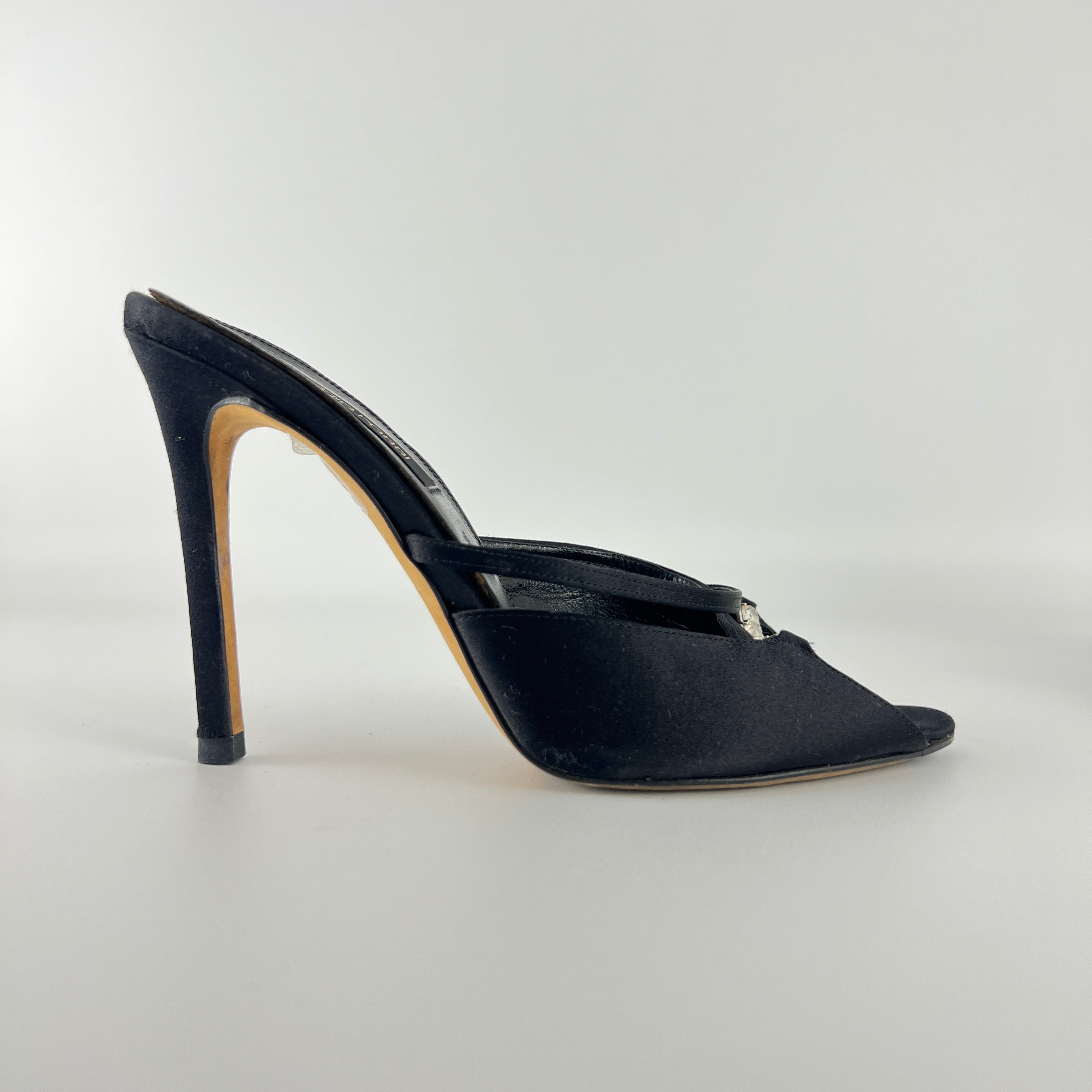 Sergio Rossi | Black Satin Rhinestone Gem Strappy Slide Sandal Mules (37)