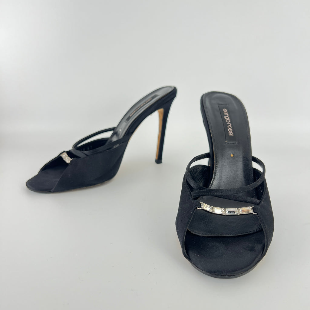 Sergio Rossi | Black Satin Rhinestone Gem Strappy Slide Sandal Mules (37)