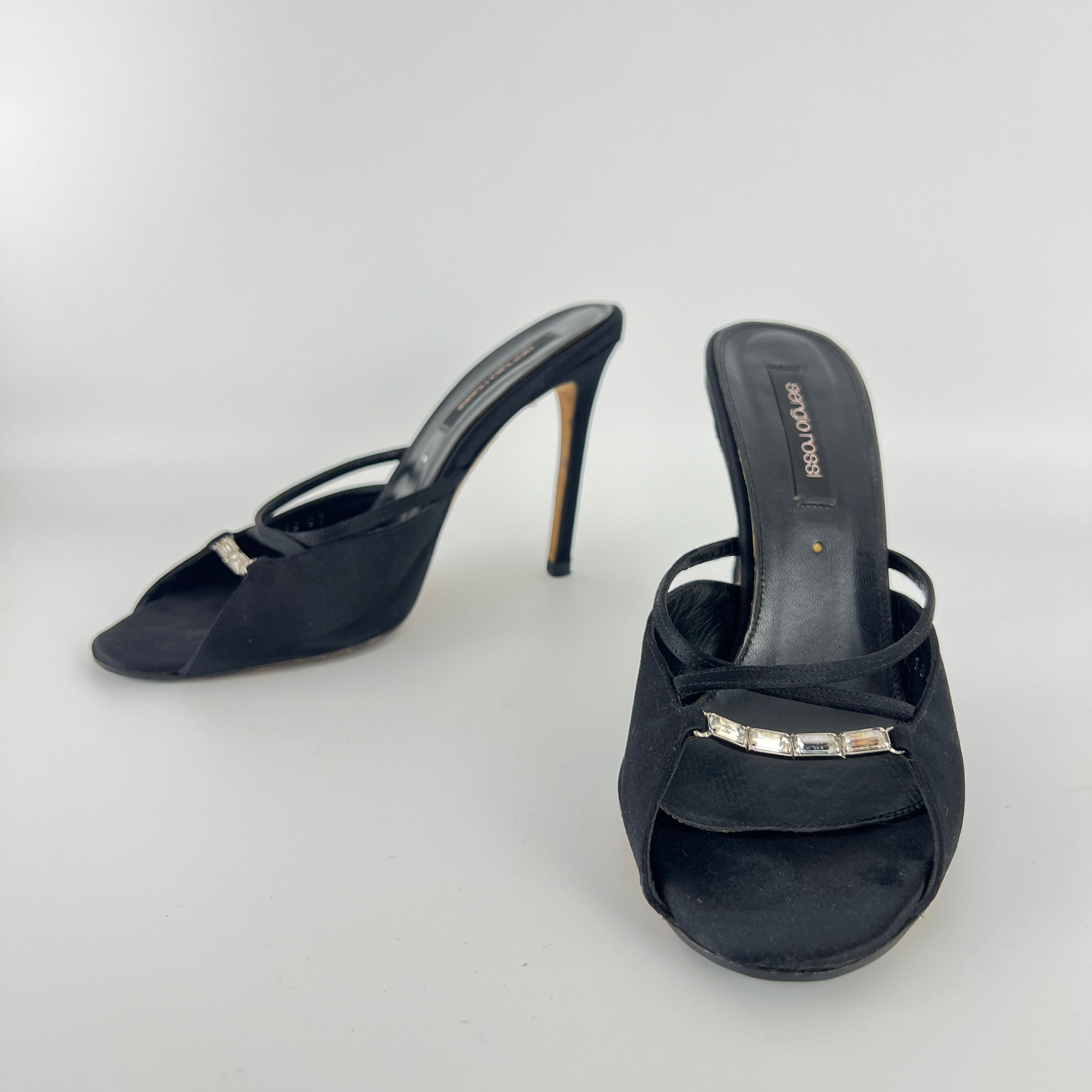 Sergio Rossi | Black Satin Rhinestone Gem Strappy Slide Sandal Mules (37)