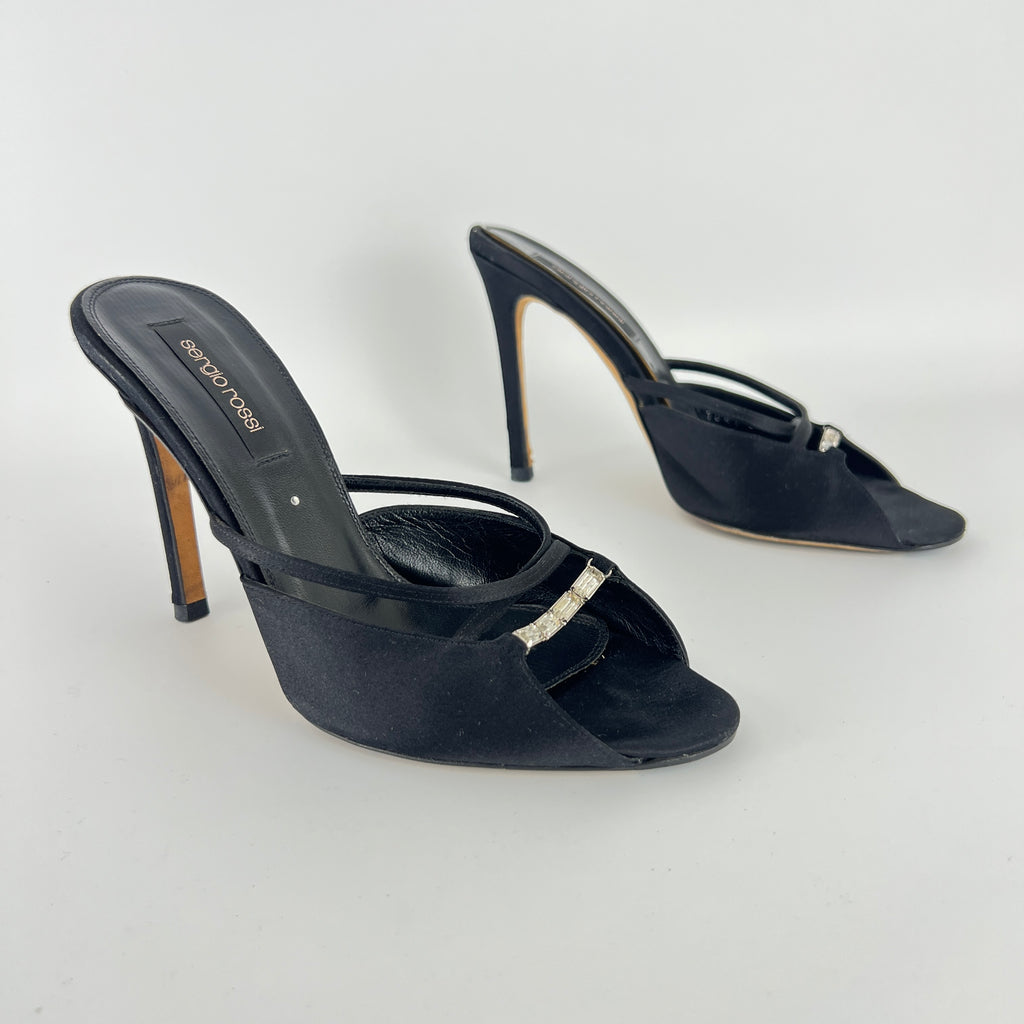 Sergio Rossi | Black Satin Rhinestone Gem Strappy Slide Sandal Mules (37)