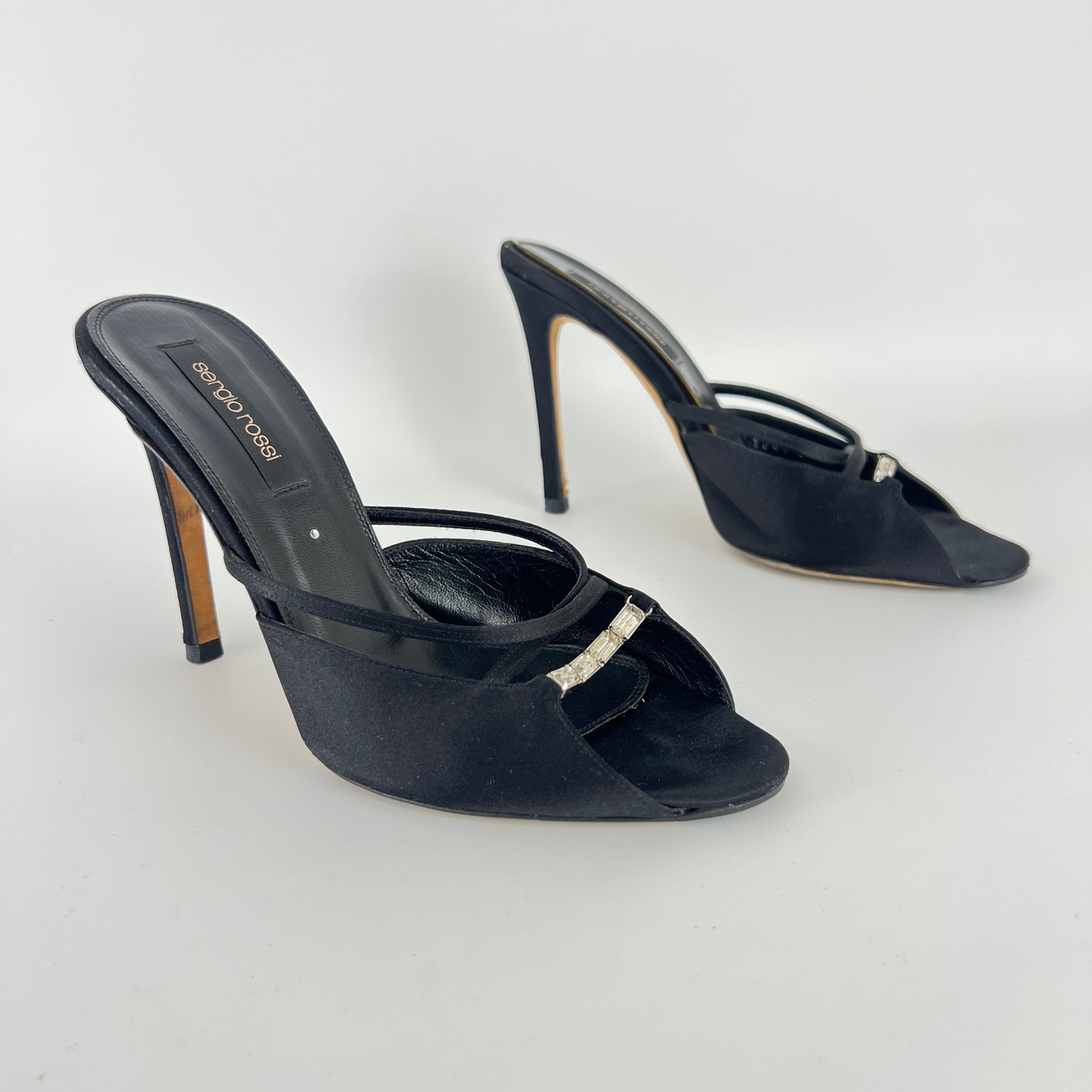 Sergio Rossi | Black Satin Rhinestone Gem Strappy Slide Sandal Mules (37)