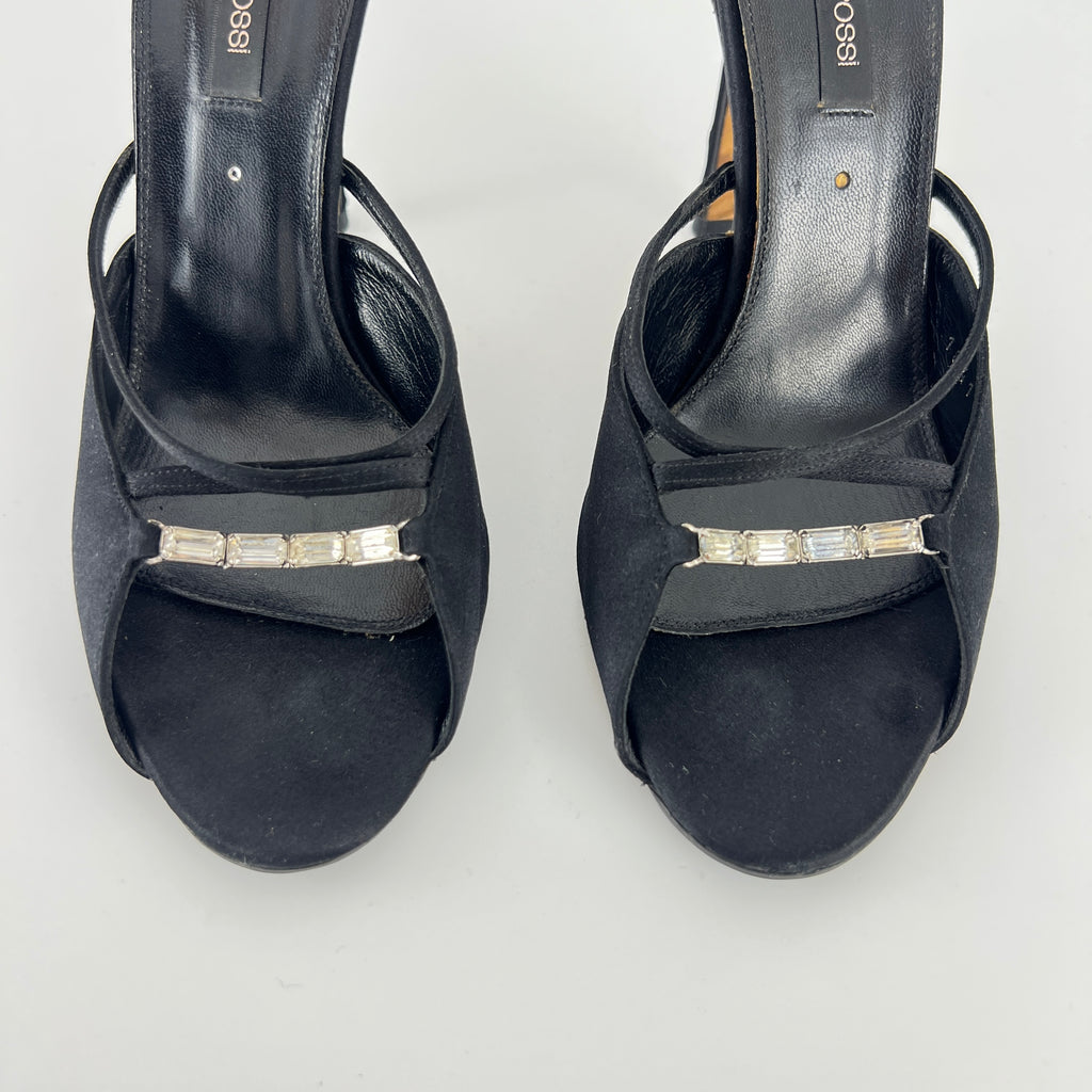 Sergio Rossi | Black Satin Rhinestone Gem Strappy Slide Sandal Mules (37)