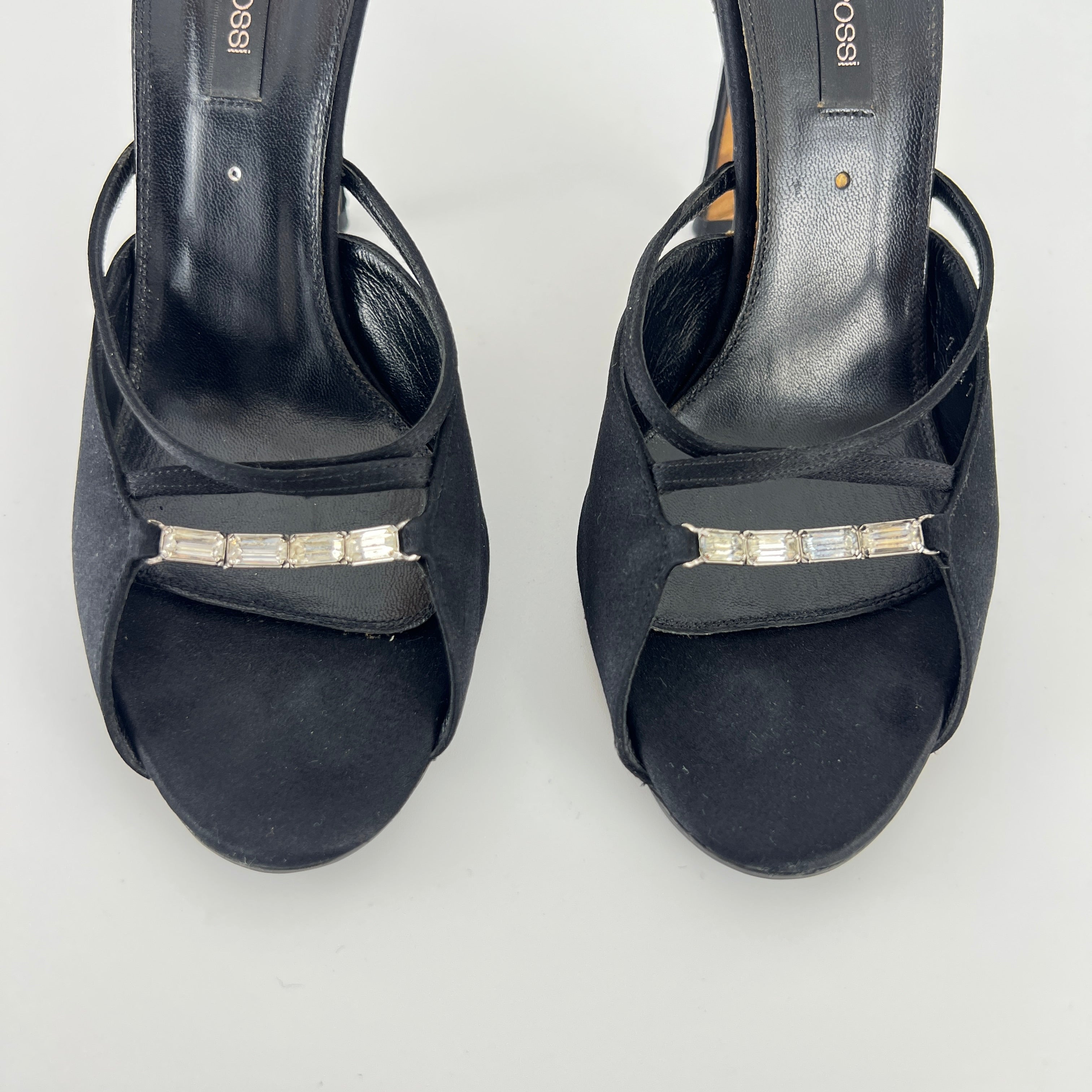 Sergio Rossi | Black Satin Rhinestone Gem Strappy Slide Sandal Mules (37)