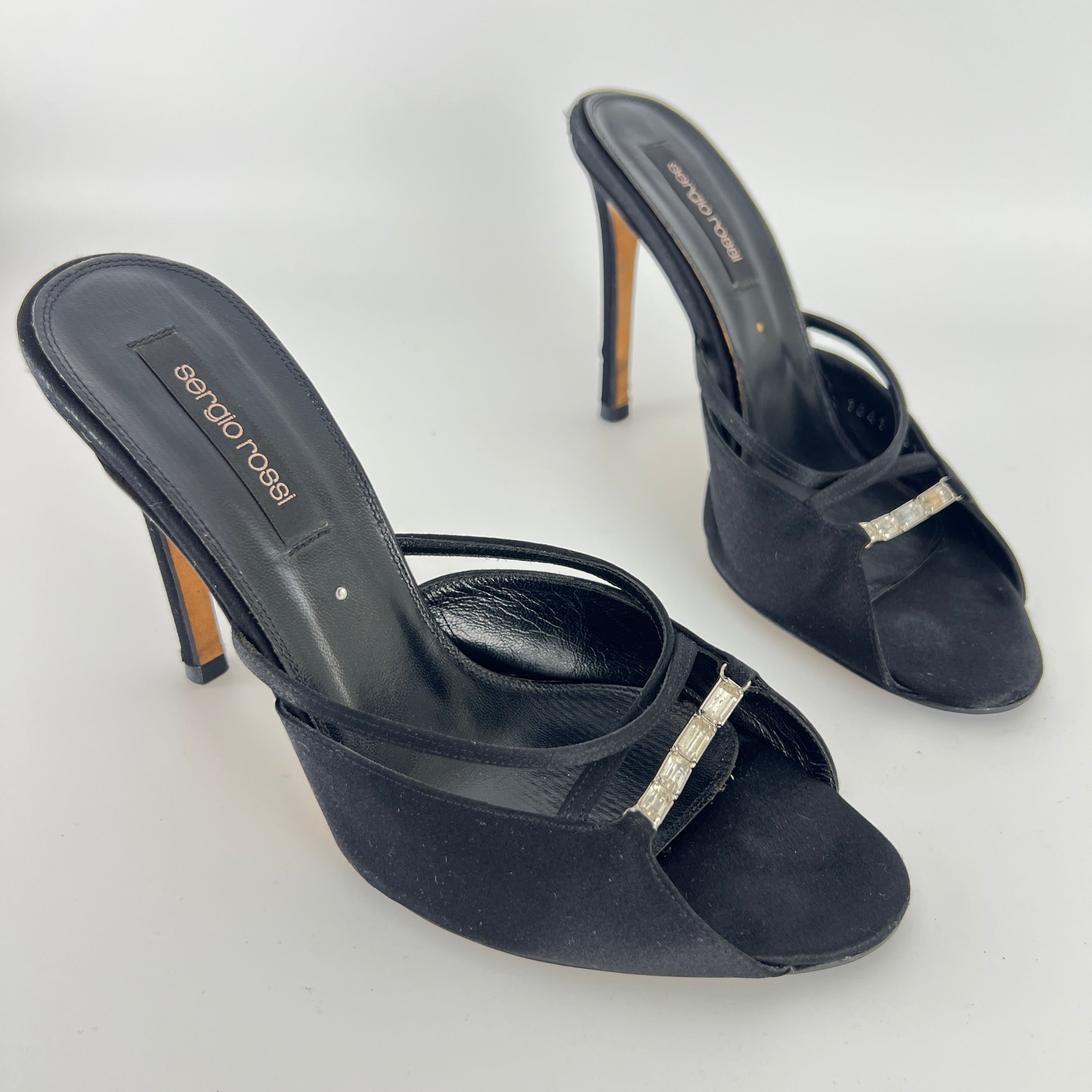 Sergio Rossi | Black Satin Rhinestone Gem Strappy Slide Sandal Mules (37)