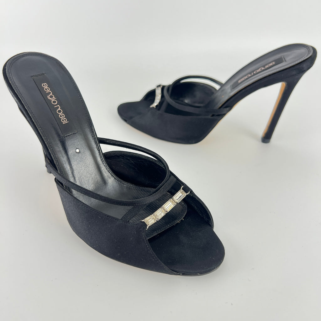 Sergio Rossi | Black Satin Rhinestone Gem Strappy Slide Sandal Mules (37)