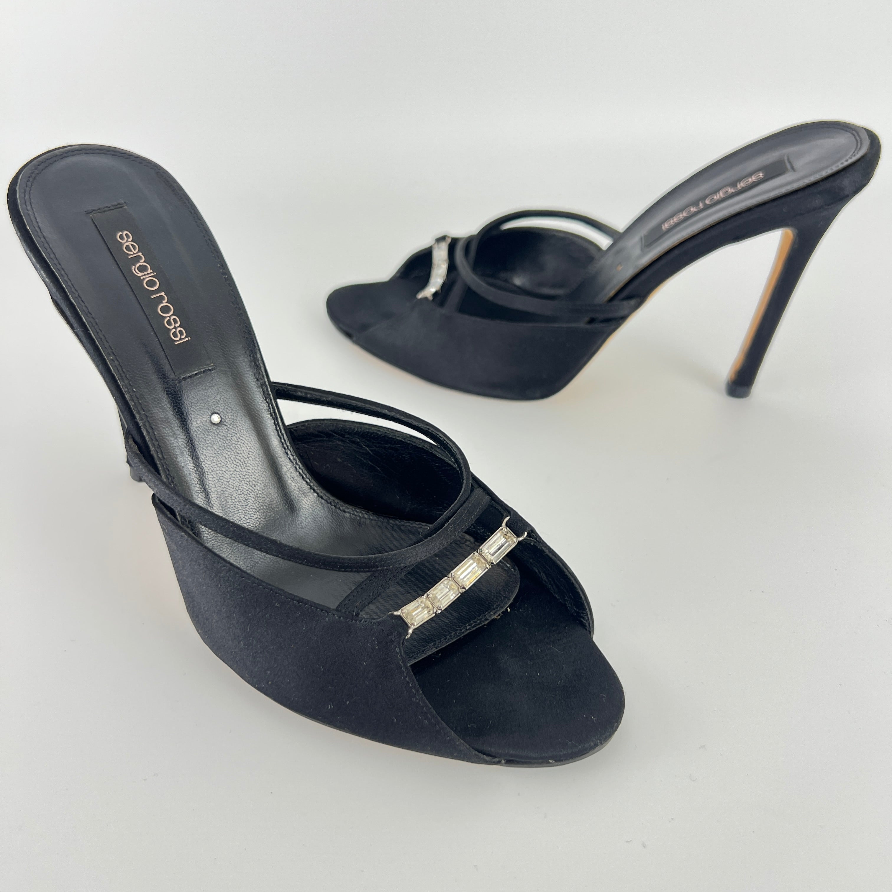 Sergio Rossi | Black Satin Rhinestone Gem Strappy Slide Sandal Mules (37)