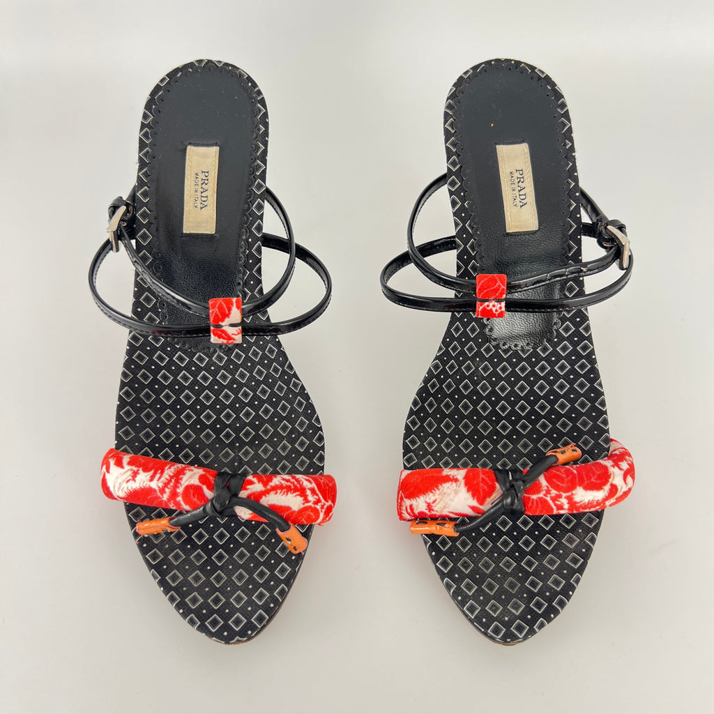 Prada | S/S 2003 Archival Vintage Kimono Red Black Leather Sandal Heels Rare (35.5)