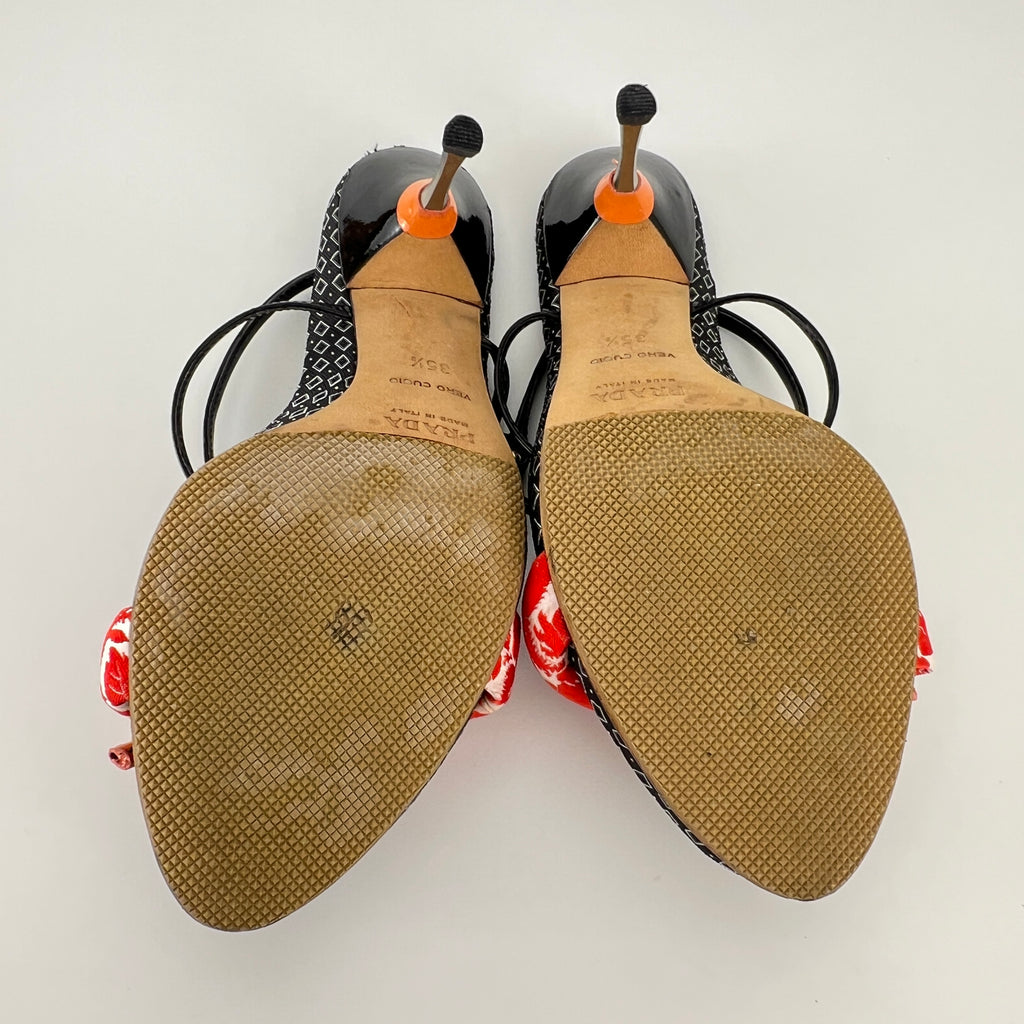 Prada | S/S 2003 Archival Vintage Kimono Red Black Leather Sandal Heels Rare (35.5)