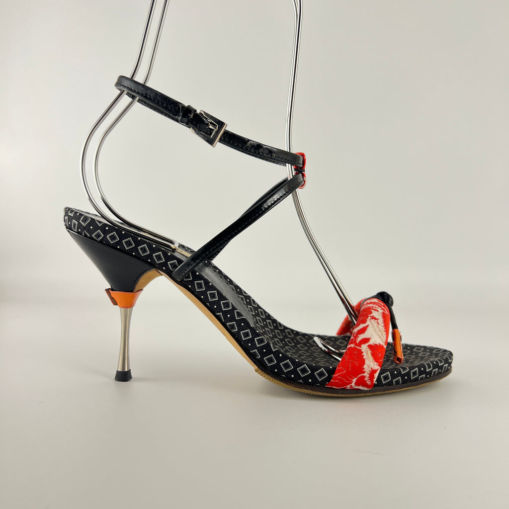 Prada | S/S 2003 Archival Vintage Kimono Red Black Leather Sandal Heels Rare (35.5)