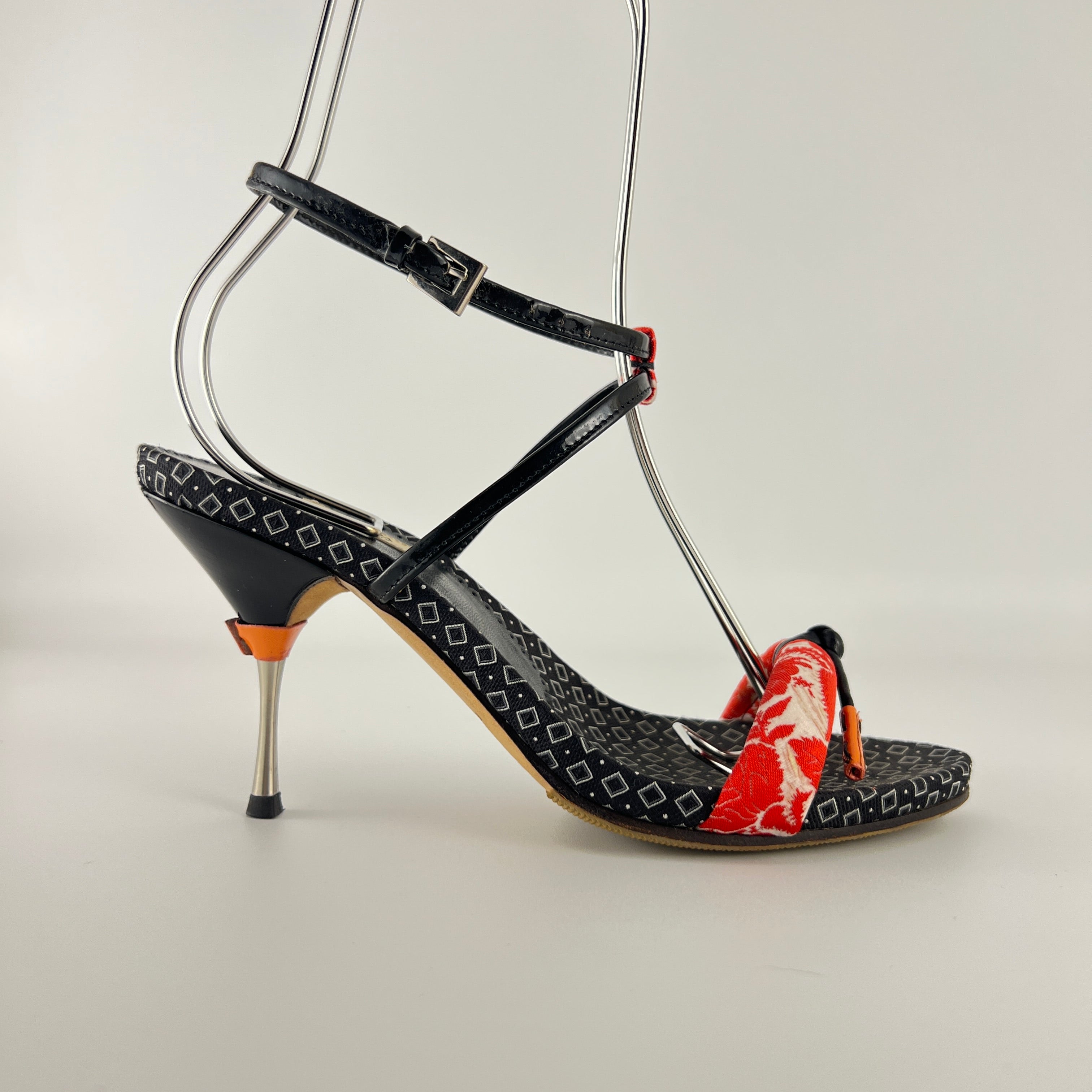 Prada | S/S 2003 Archival Vintage Kimono Red Black Leather Sandal Heels Rare (35.5)