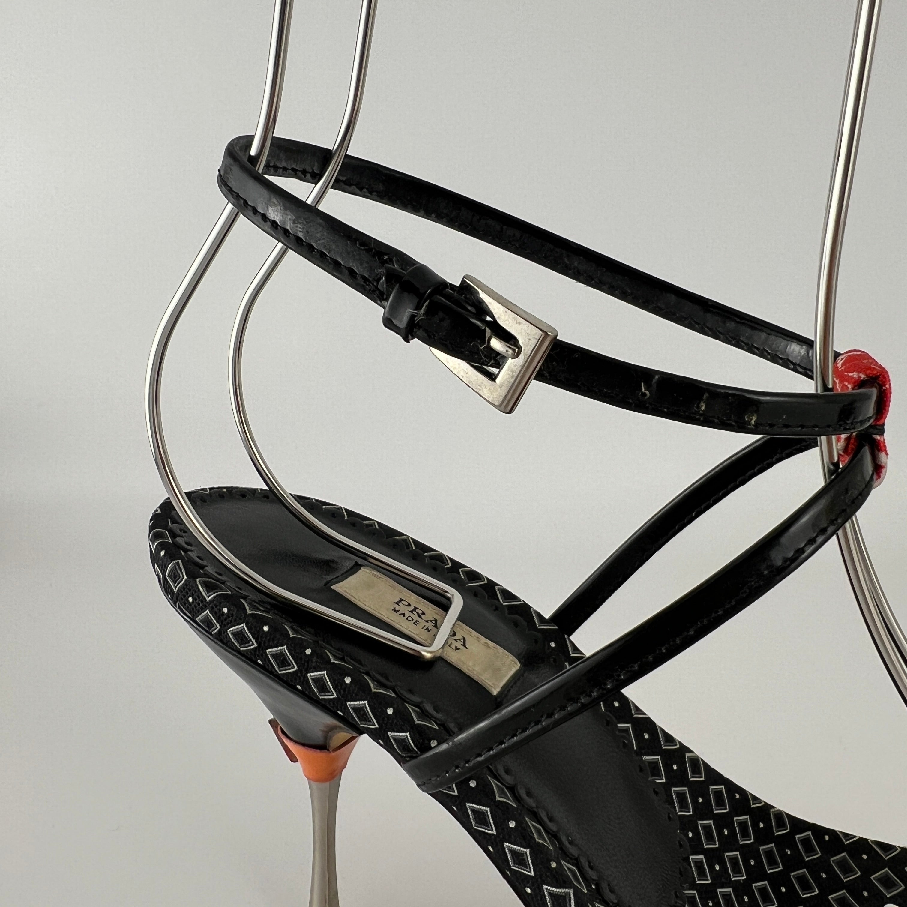 Prada | S/S 2003 Archival Vintage Kimono Red Black Leather Sandal Heels Rare (35.5)