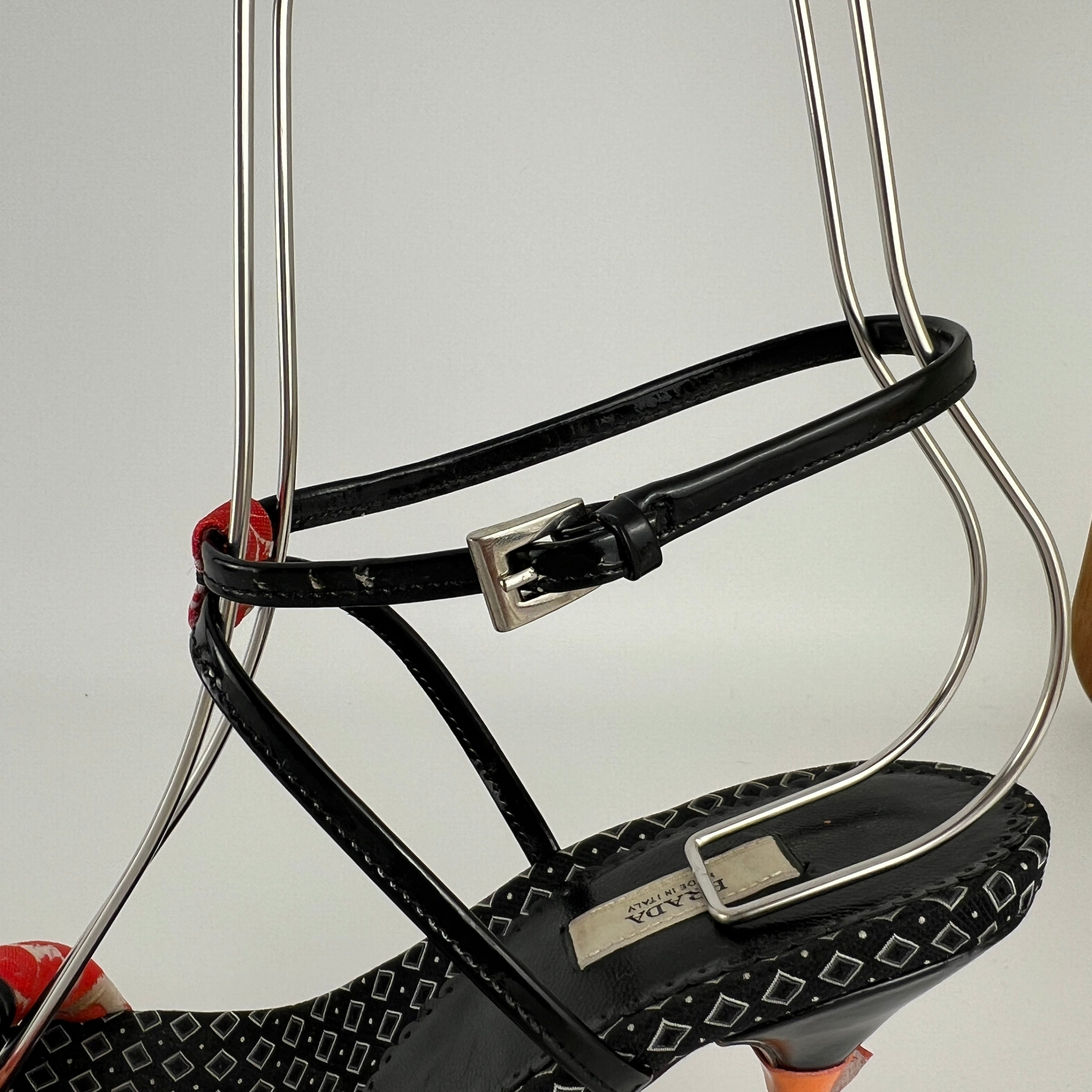 Prada | S/S 2003 Archival Vintage Kimono Red Black Leather Sandal Heels Rare (35.5)