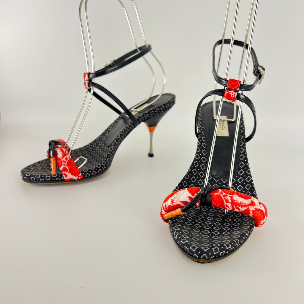 Prada | S/S 2003 Archival Vintage Kimono Red Black Leather Sandal Heels Rare (35.5)