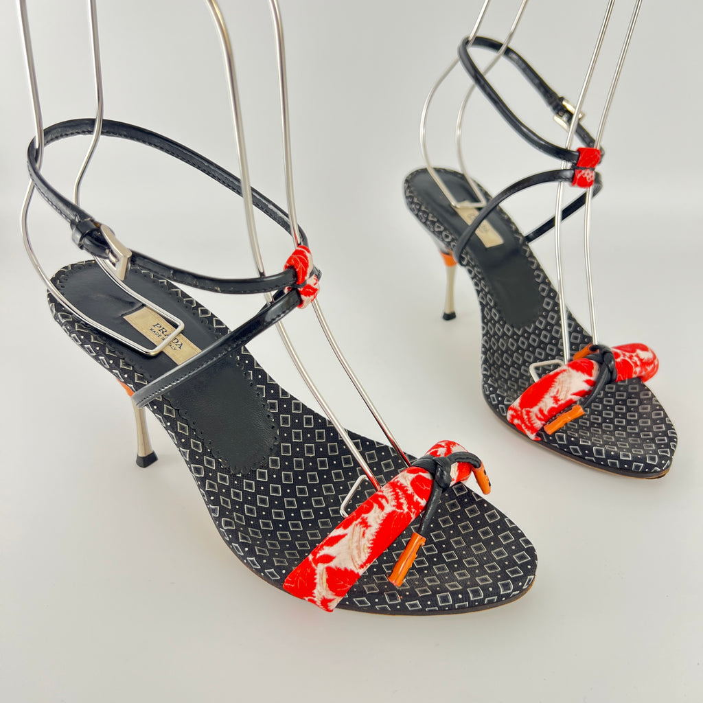 Prada | S/S 2003 Archival Vintage Kimono Red Black Leather Sandal Heels Rare (35.5)
