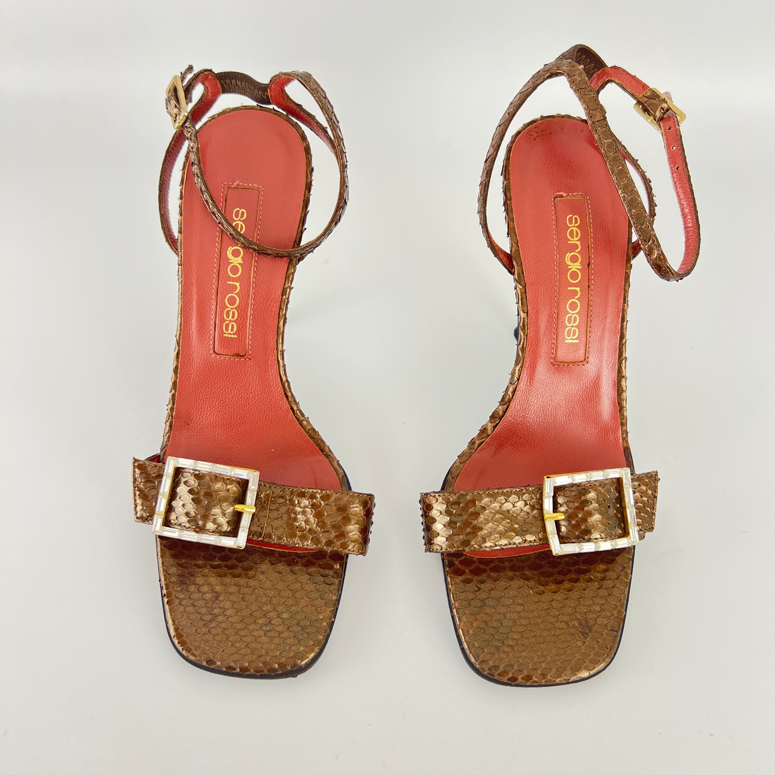 Sergio Rossi | Brown Snake Leather Crystal Buckle Strap Sandal Heels (35.5)