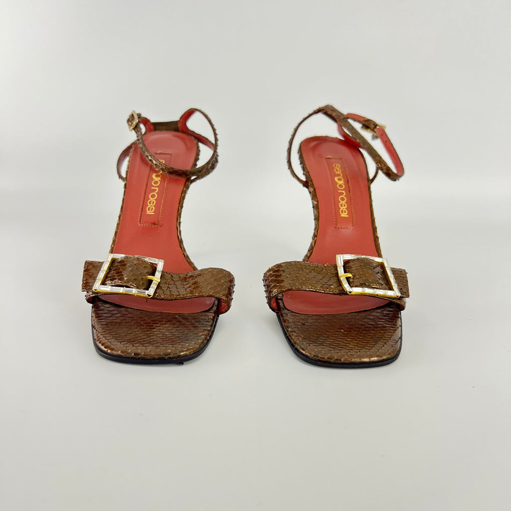Sergio Rossi | Brown Snake Leather Crystal Buckle Strap Sandal Heels (35.5)