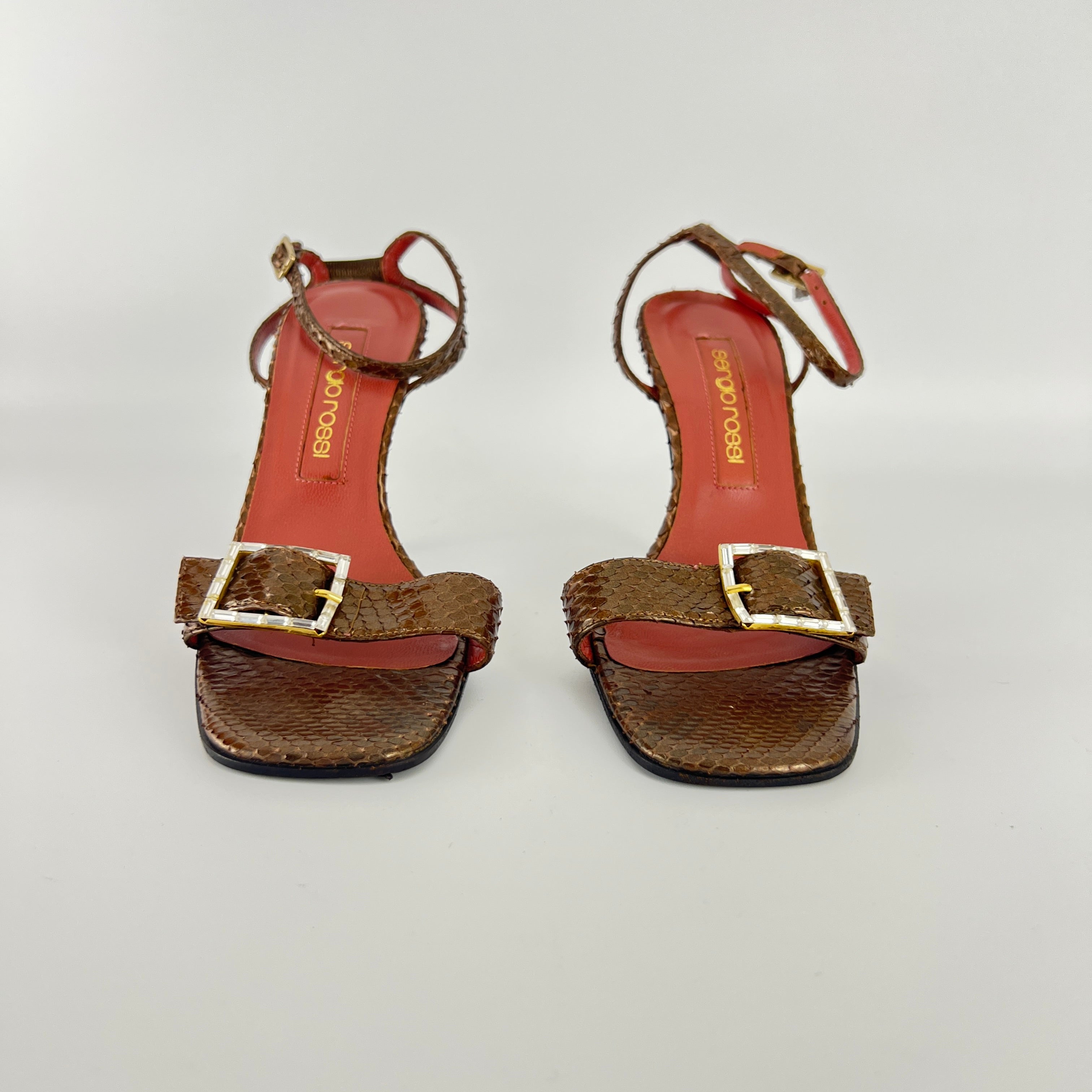 Sergio Rossi | Brown Snake Leather Crystal Buckle Strap Sandal Heels (35.5)