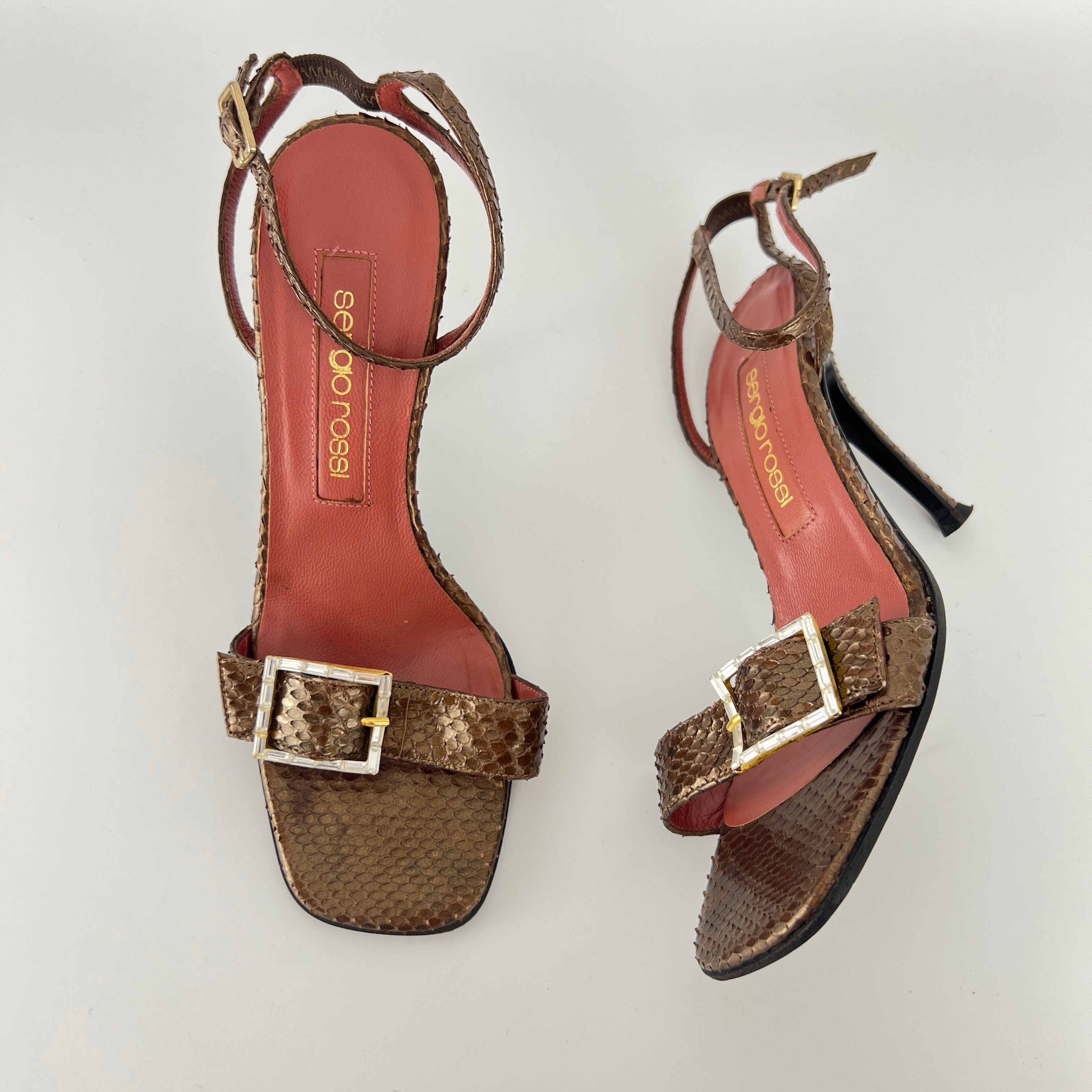 Sergio Rossi | Brown Snake Leather Crystal Buckle Strap Sandal Heels (35.5)