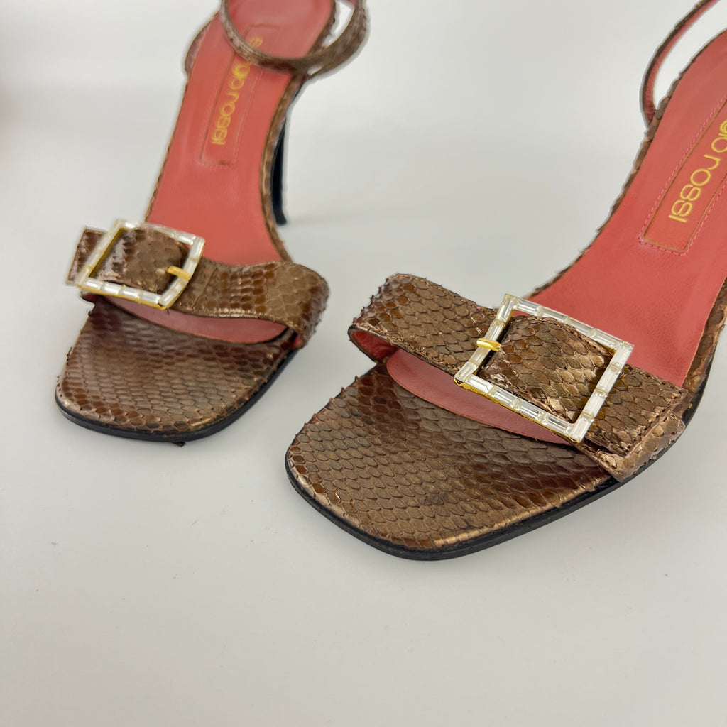Sergio Rossi | Brown Snake Leather Crystal Buckle Strap Sandal Heels (35.5)