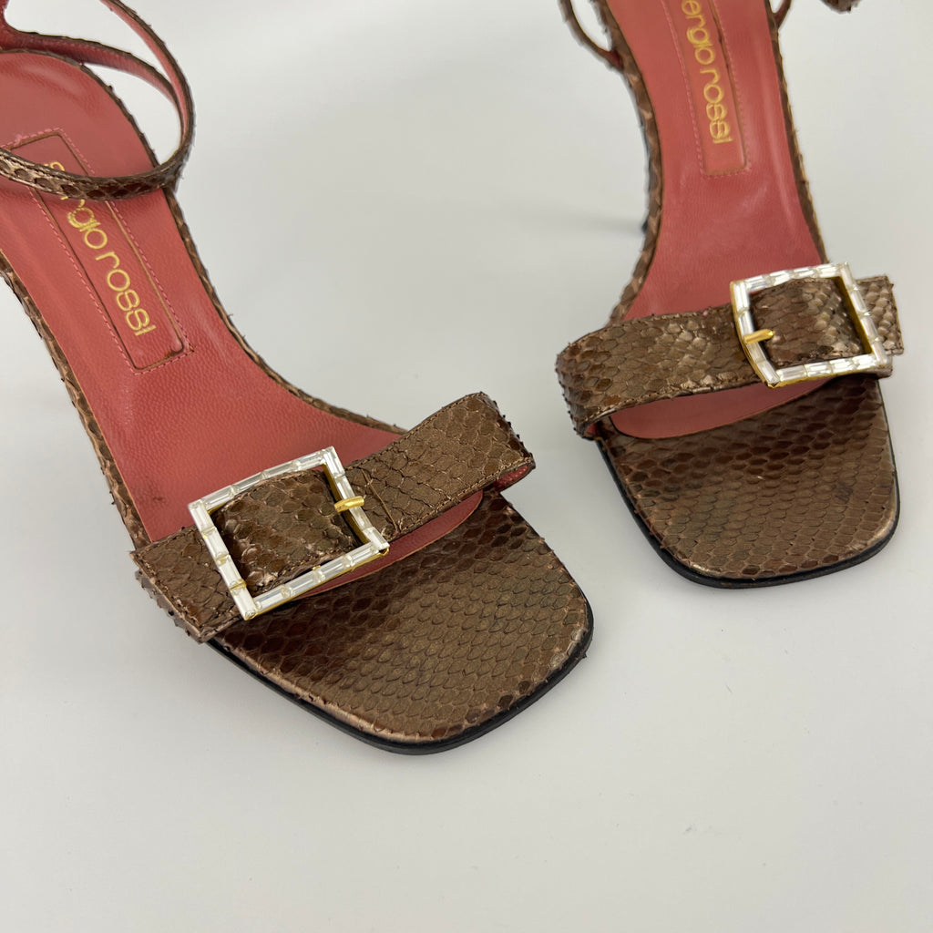 Sergio Rossi | Brown Snake Leather Crystal Buckle Strap Sandal Heels (35.5)