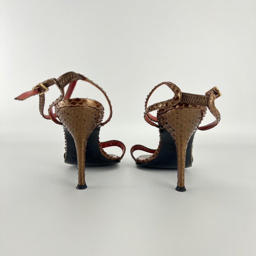 Sergio Rossi | Brown Snake Leather Crystal Buckle Strap Sandal Heels (35.5)