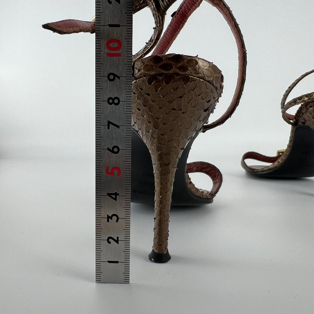 Sergio Rossi | Brown Snake Leather Crystal Buckle Strap Sandal Heels (35.5)