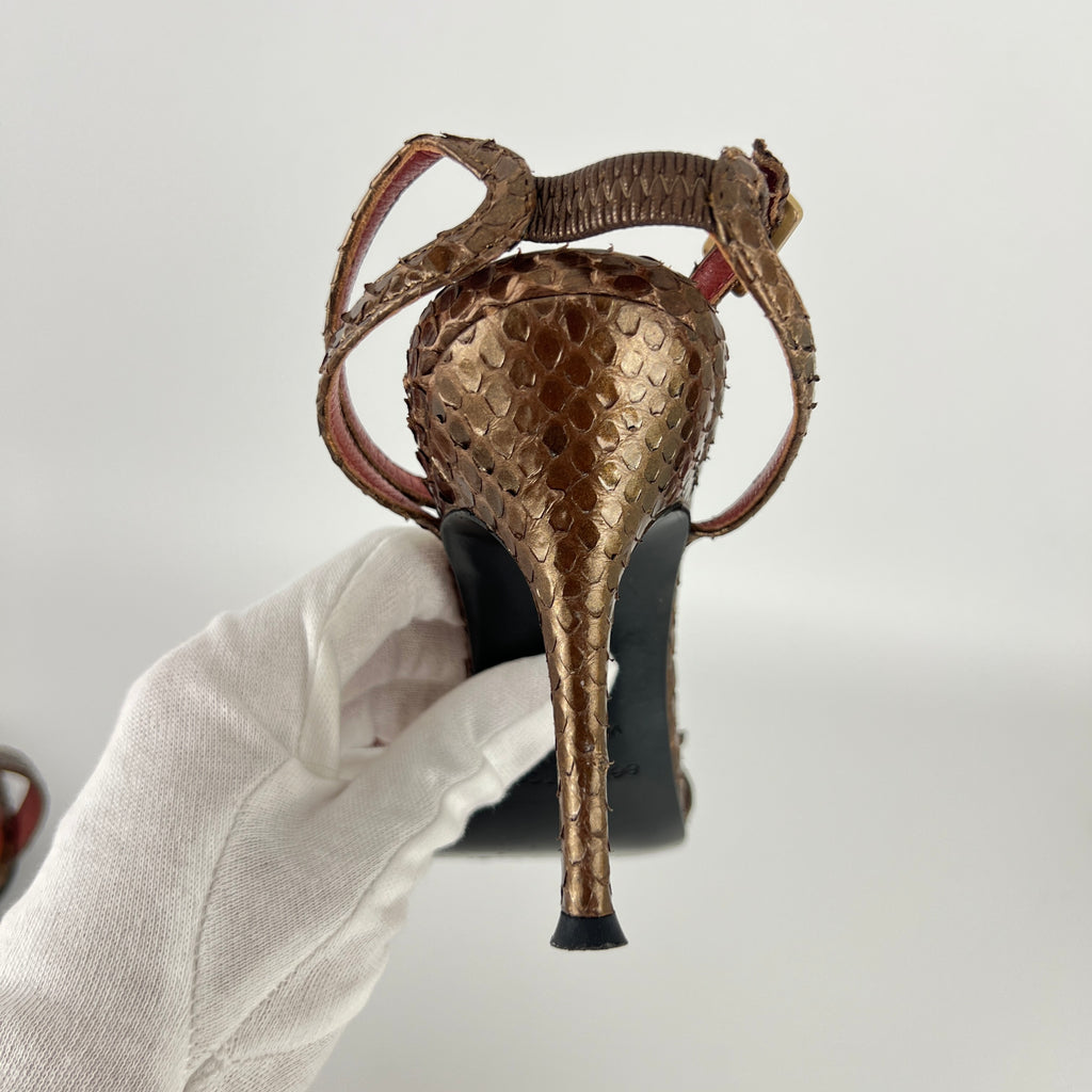 Sergio Rossi | Brown Snake Leather Crystal Buckle Strap Sandal Heels (35.5)