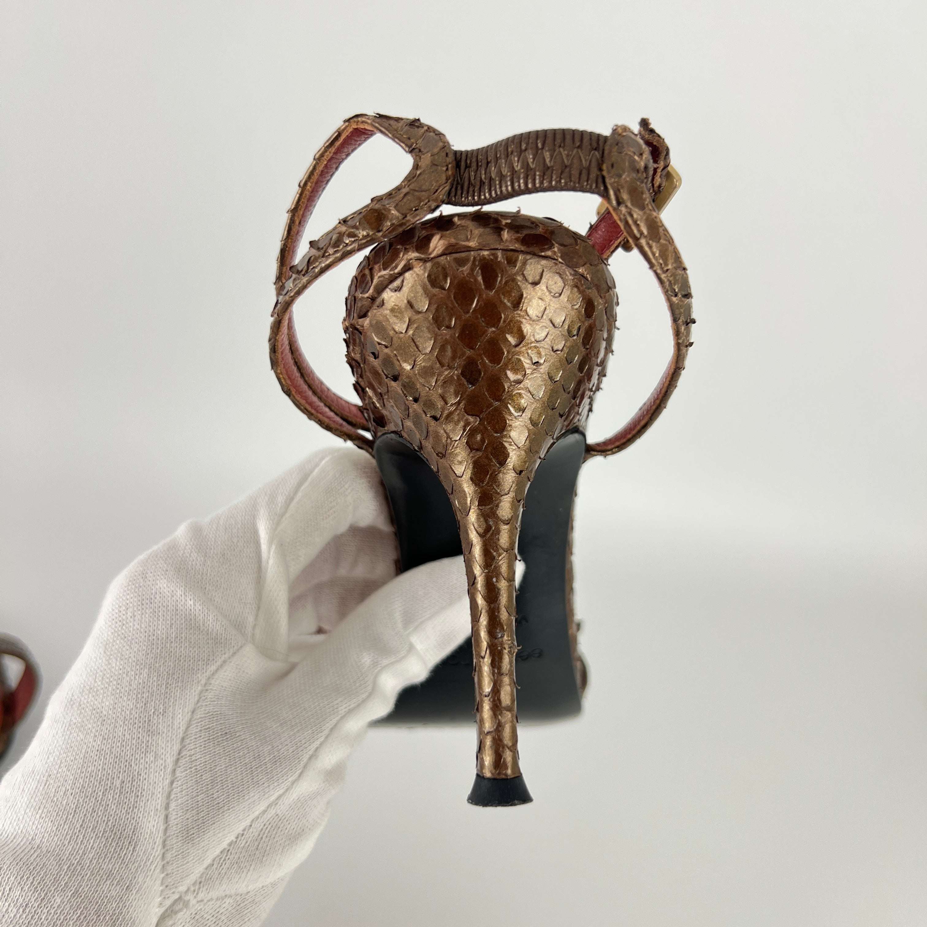 Sergio Rossi | Brown Snake Leather Crystal Buckle Strap Sandal Heels (35.5)