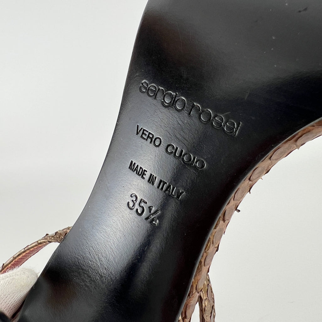 Sergio Rossi | Brown Snake Leather Crystal Buckle Strap Sandal Heels (35.5)