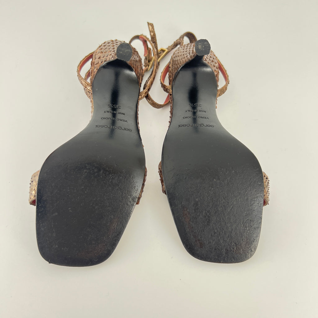 Sergio Rossi | Brown Snake Leather Crystal Buckle Strap Sandal Heels (35.5)